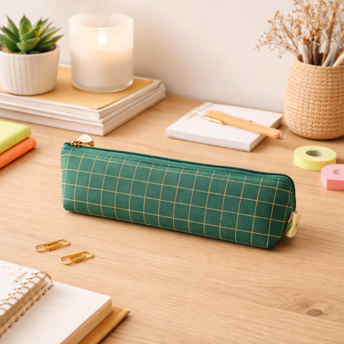 Green Grid Print Zippered Pouch Organizer - 1 Pc Stationery Bag - Great Price - Image 6