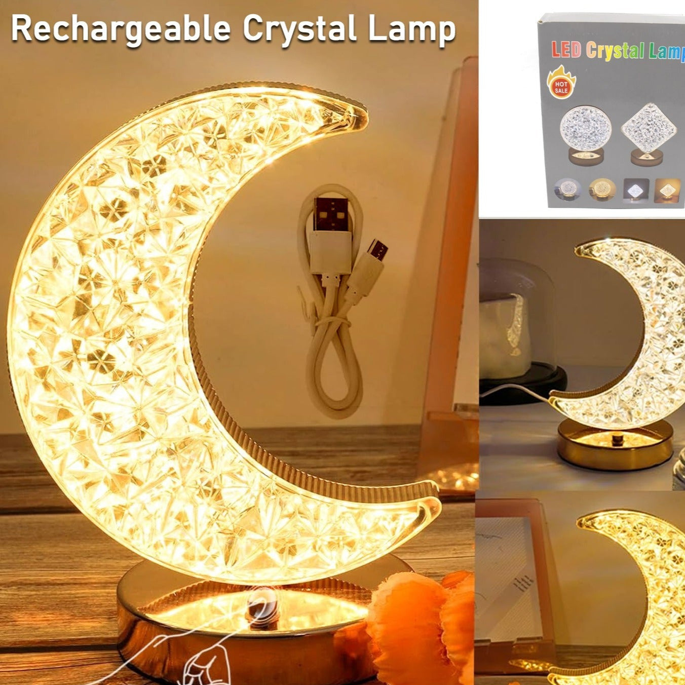 Crystal Table Lamp Moon Shape Touch Control Lamp With 3 Color Metal Bedside Lamp For Kids Bedroom Romantic Desktop Nightstand Stepless Dimming Usb Charging Touch Night Light - Happy Price - Image 1