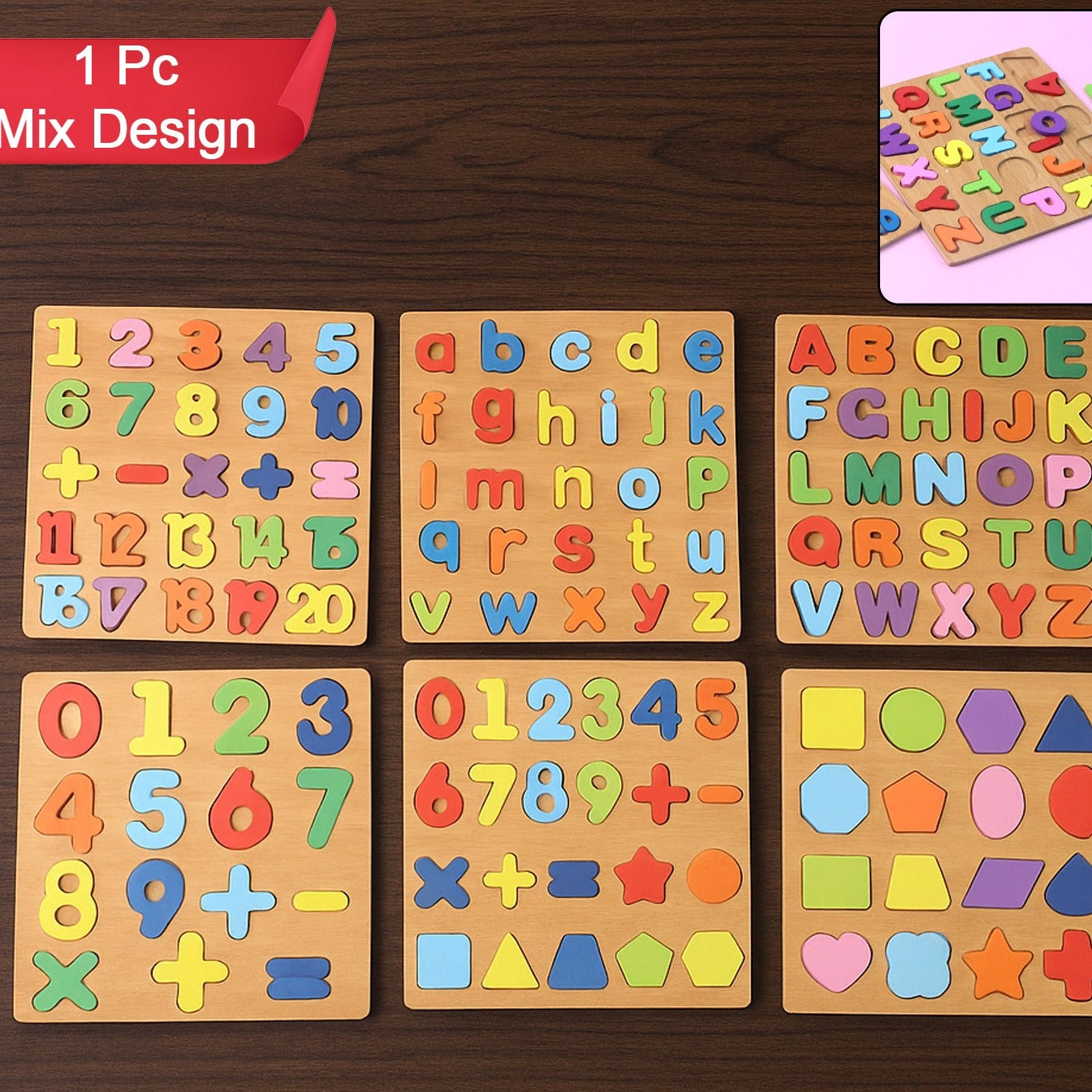 Wooden Learning Puzzle Board - 1 Pc (Alphabet, Numbers, or Shapes) - Happy Price - Image 1