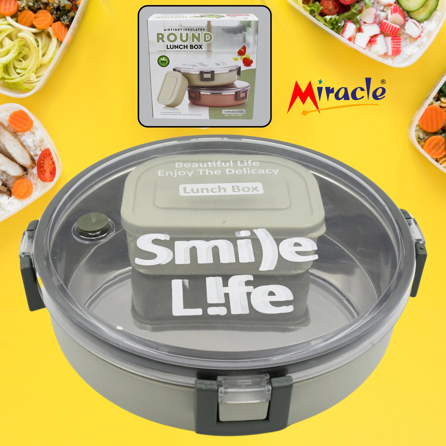 Miracle Stainless Steel Round Lunch Box With Small Plastic Box Insert Leak Proof Lunch Box With Transparent Lid Lunch Box For Kids Adults For School Office (450 Ml + 250 Ml Approx) - Happy Price - Image 2