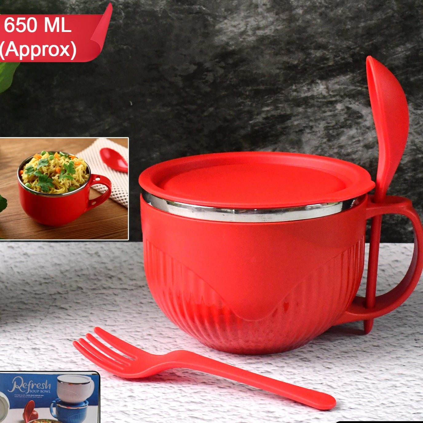 Supermom Refresh Insulated Soup Bowl with Lid, Spoon & Fork - 650ml - Happy Price - Image 1