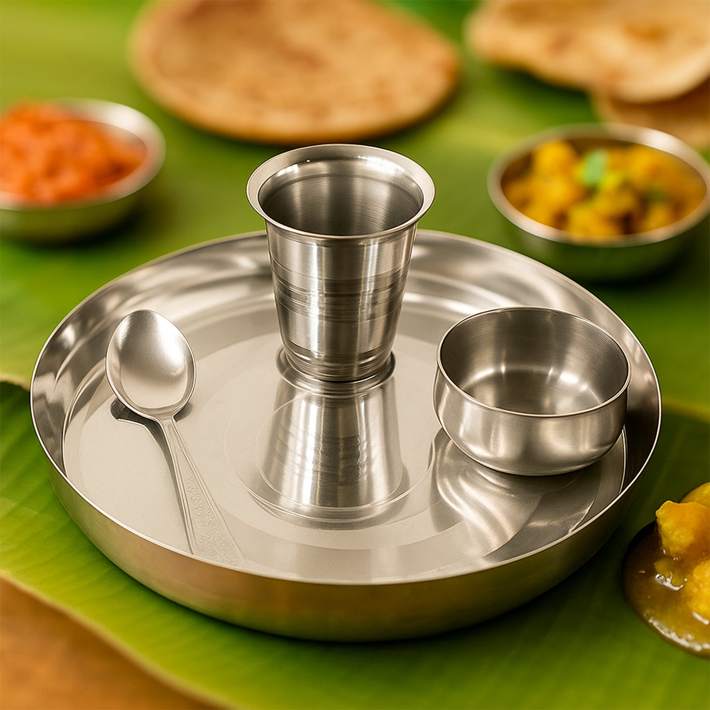 Stainless Steel Pooja Thali Set with Katori, Glass & Spoon - 4 Pcs - Happy Price - Image 4