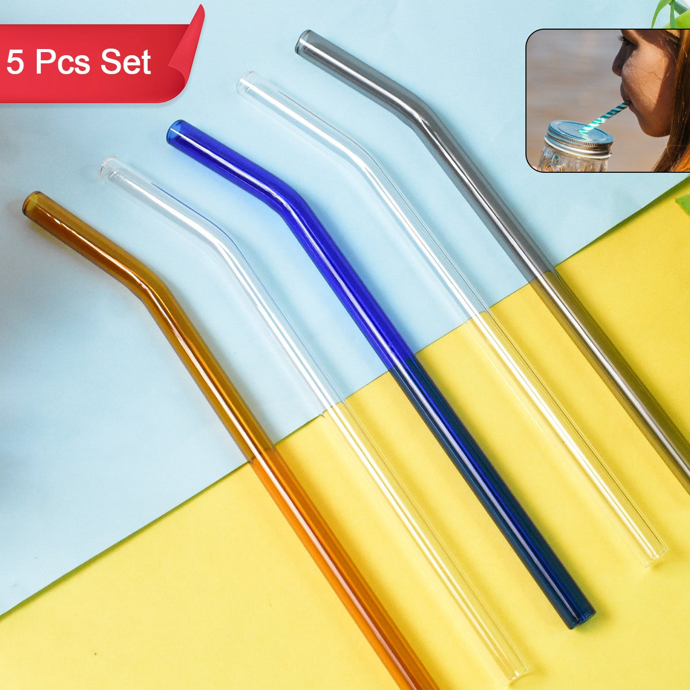 Set of 5 Clear Reusable Glass Drinking Straws - Eco-Friendly & Dishwasher Safe - Happy Price - Image 1