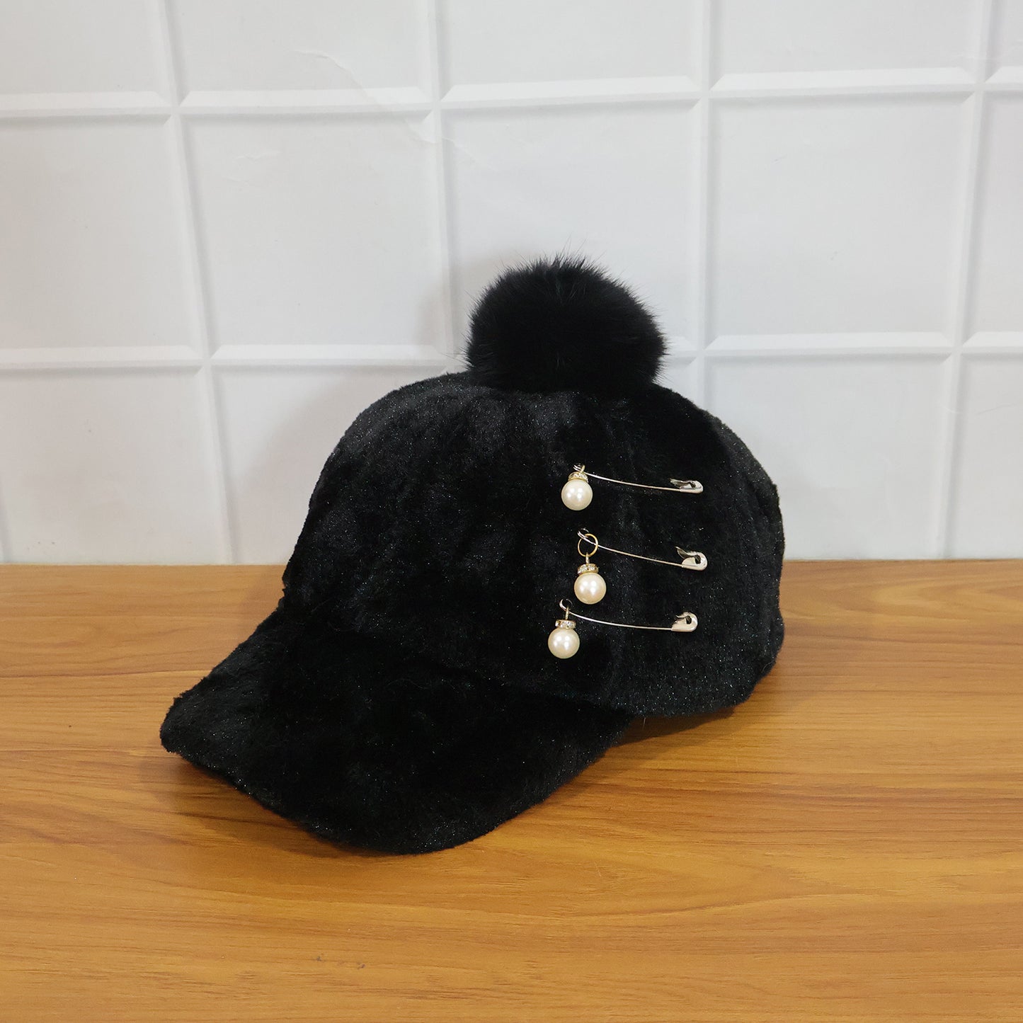 Women's Warm Plush Fur Cap with Pom Pom & Pearl Chain - 1 Pc - Great Price - Image 7