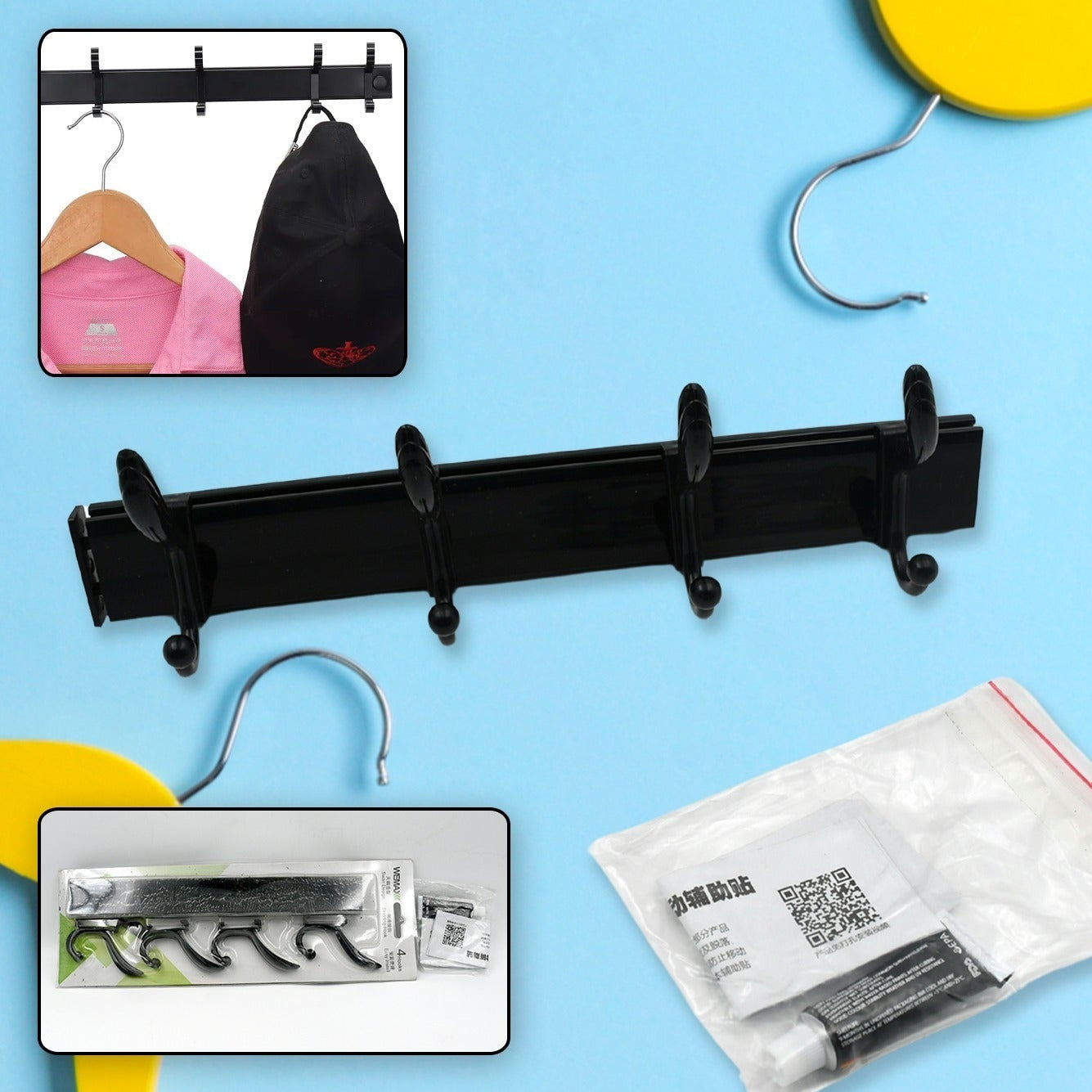 Cloth Hanger Wall Door Hooks Rail For Hanging Clothes For Hanging Hook Rack Rail Extra Long Coat Hanger Wall Mount For Clothes Jacket Hats 6 Hook With Eco-friendly Liquid Adhesive Glue - Happy Price - Image 1