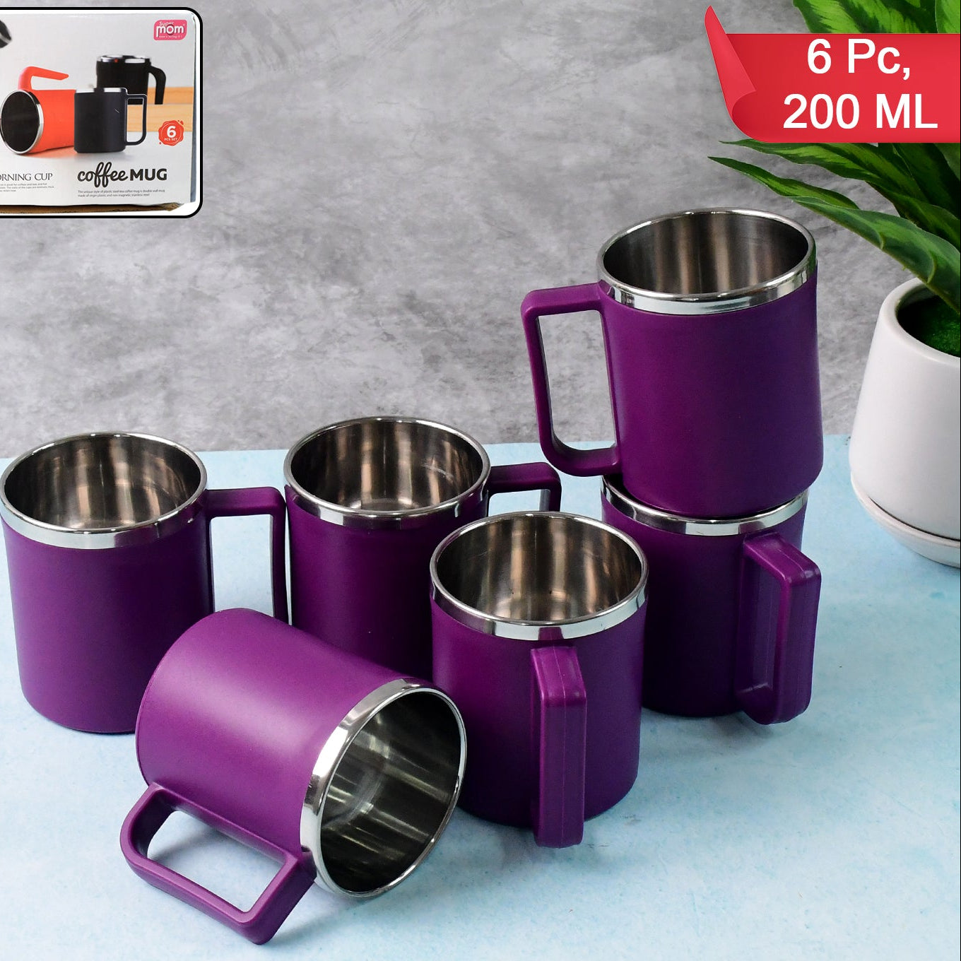 6 Pcs Stainless Steel Inner Coffee Mug Set, 200ml Each - Happy Price - Image 1