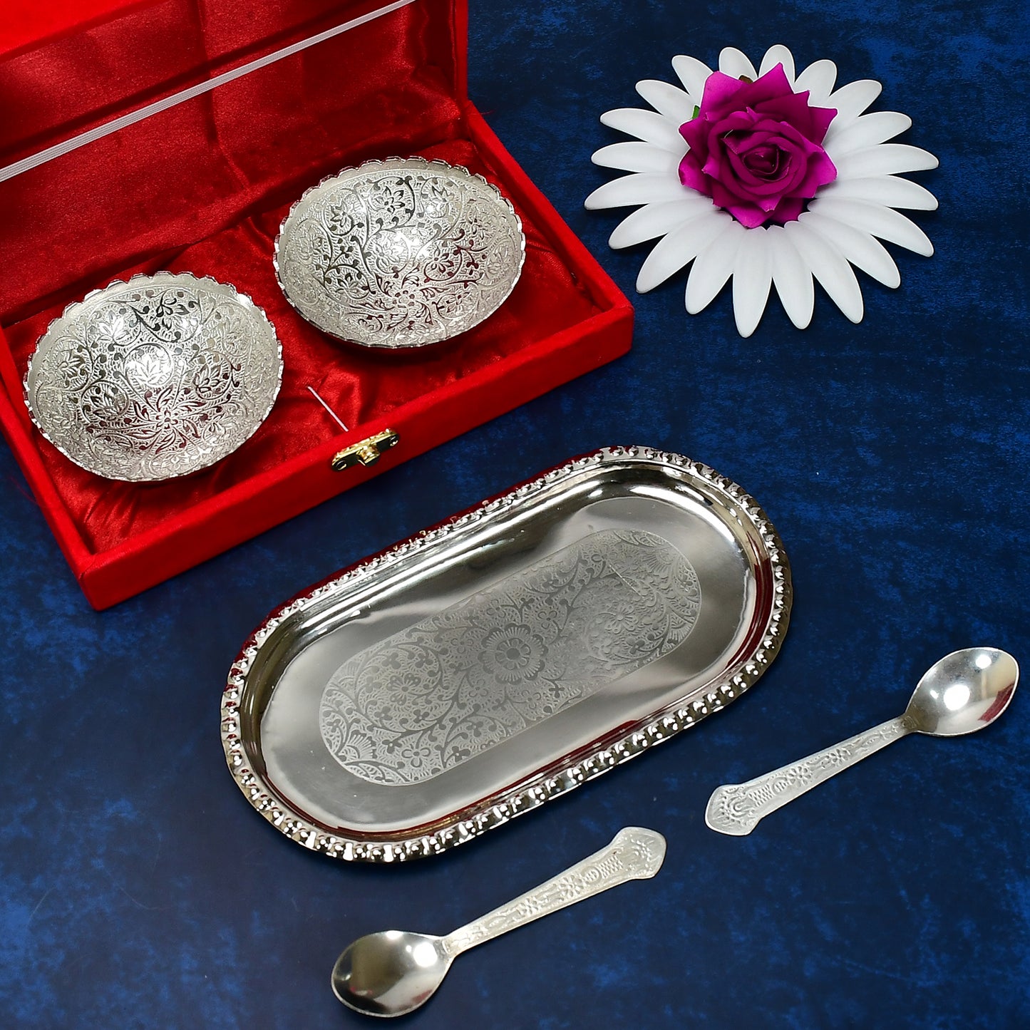 Silver Plated 2 Bowl 2 Spoon Tray Set Brass With Red Velvet Gift Box Serving Dry Fruits Desserts Gift - Happy Price - Image 4