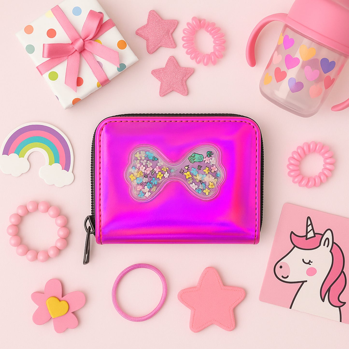 Vibrant Kids Wallet (1 Pc) - Stylish Zip Pouch with Glitter Bow - Happy Price - Image 5