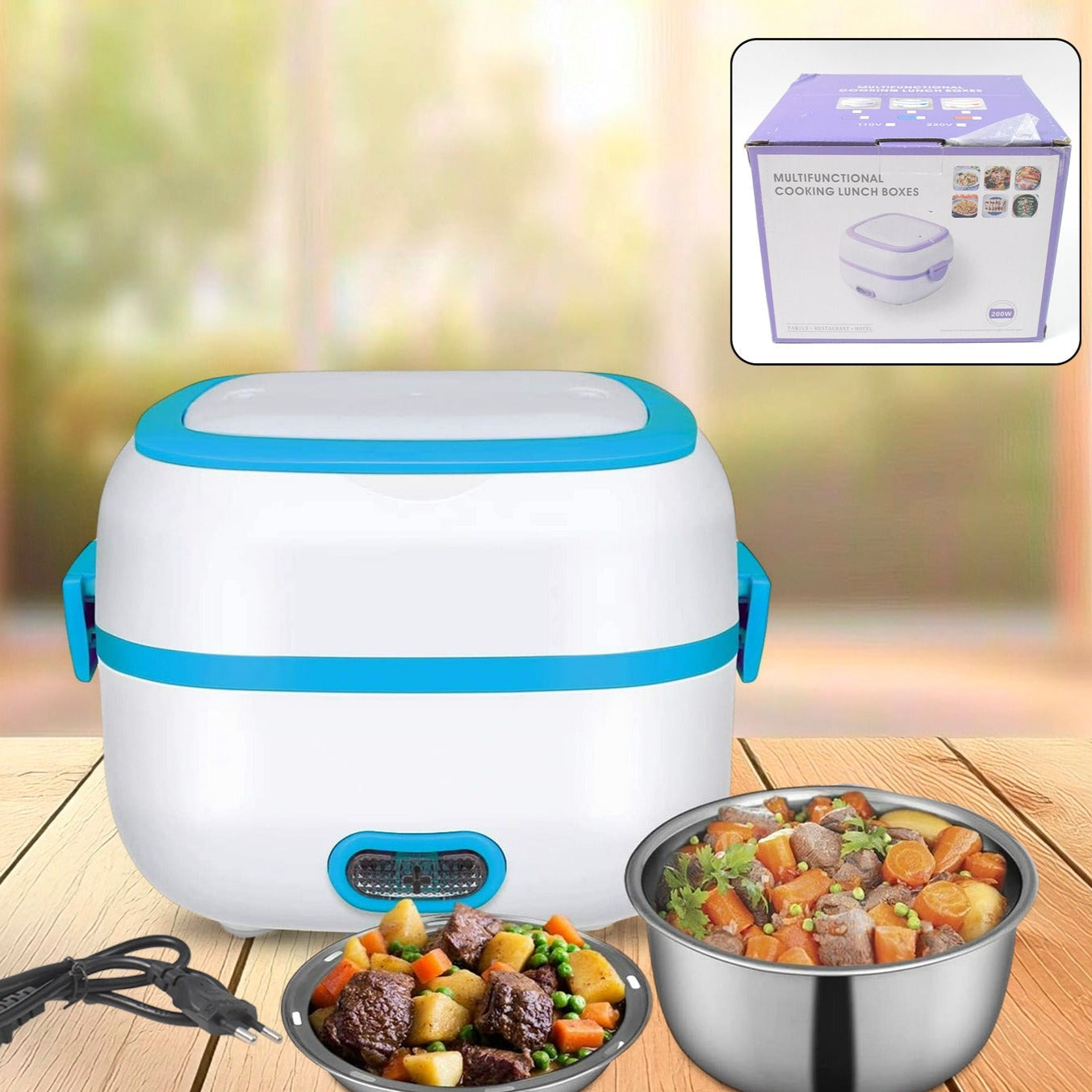 Electric Lunch Box 3 In 1 Food Heater Cooker Steamer With Stainless Steel Bowls (1 Set) - Happy Price - Image 1