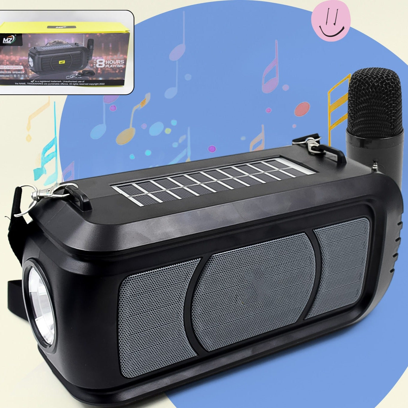Wireless Bluetooth Speaker 5w High Bass With Wireless Mic Microphone Led Torch Solar Charging Support Usb Adjustable Strap (1 Set) - Happy Price - Image 1