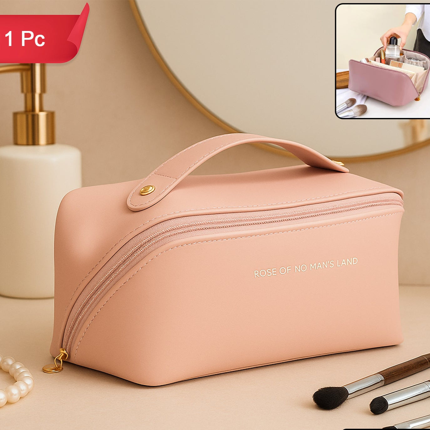 Premium Peach Travel Makeup Toiletry Organizer Pouch With Zipper Handle (1 Pc) - Happy Price - Image 1