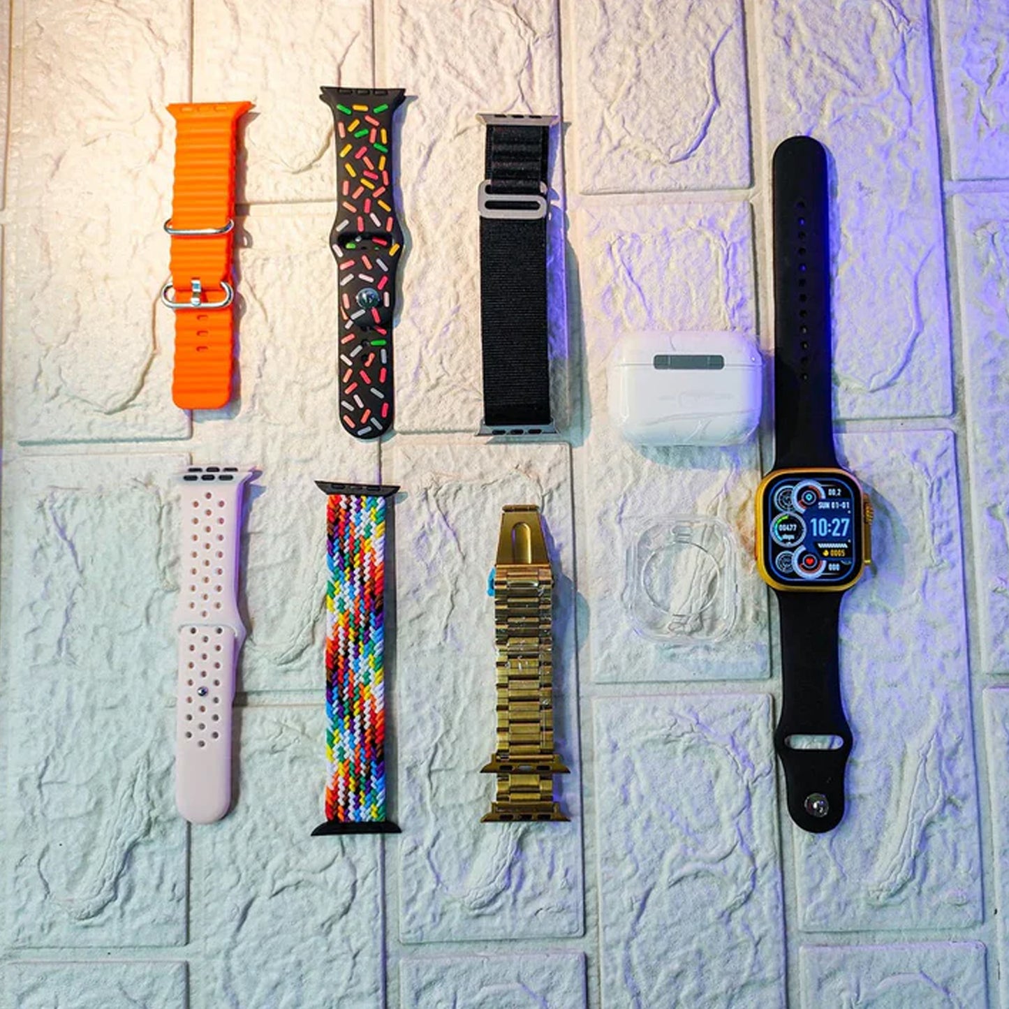 10 In1 Set Ultra Smart Bluetooth Calling Smartwatch + Earphones With Transparent Screen Guard Watch With Seven Classic Straps (Mix Color) - Happy Price - Image 4