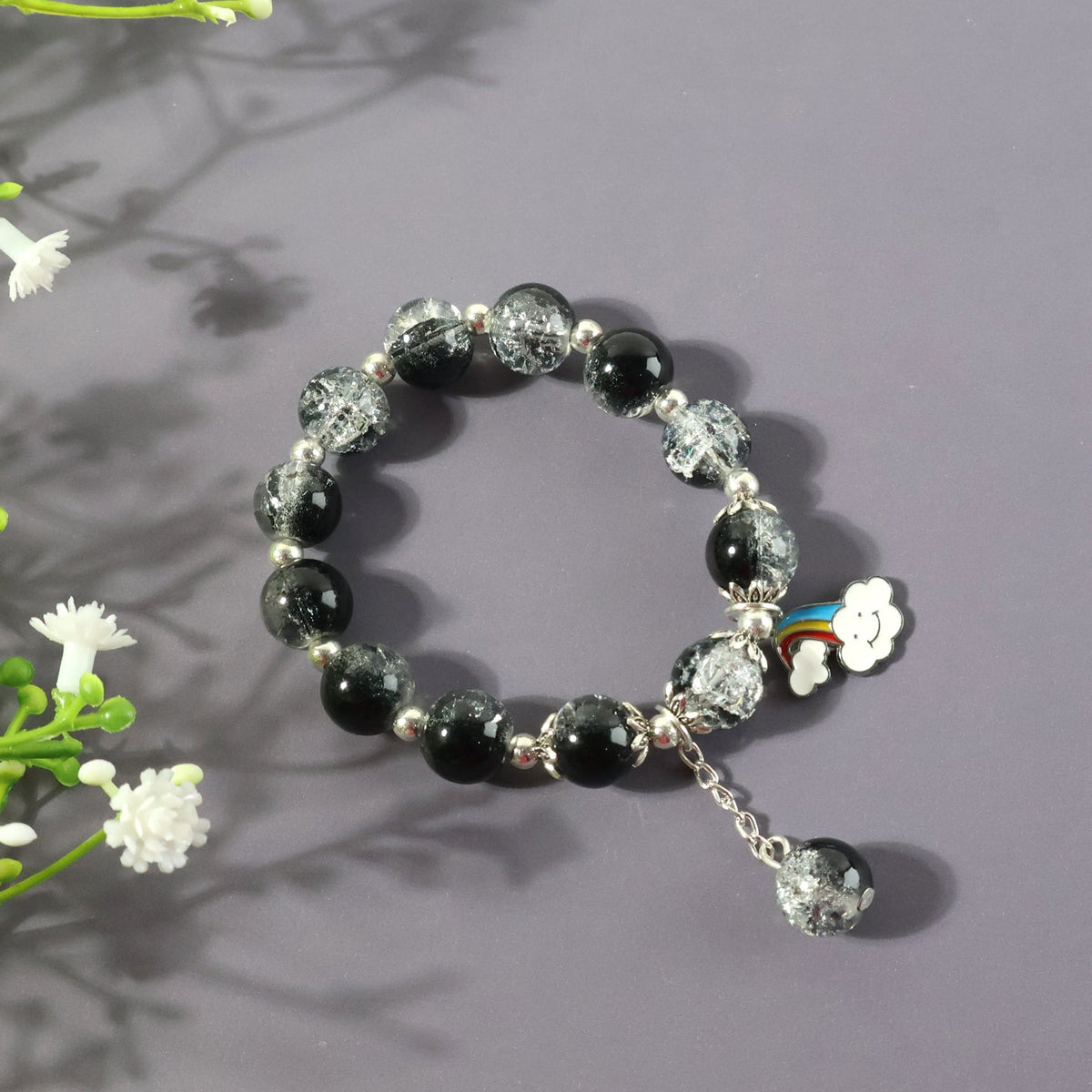 Black Crystal Beaded Stretch Bracelet with Cloud Rainbow Charm - Happy Price - Image 1