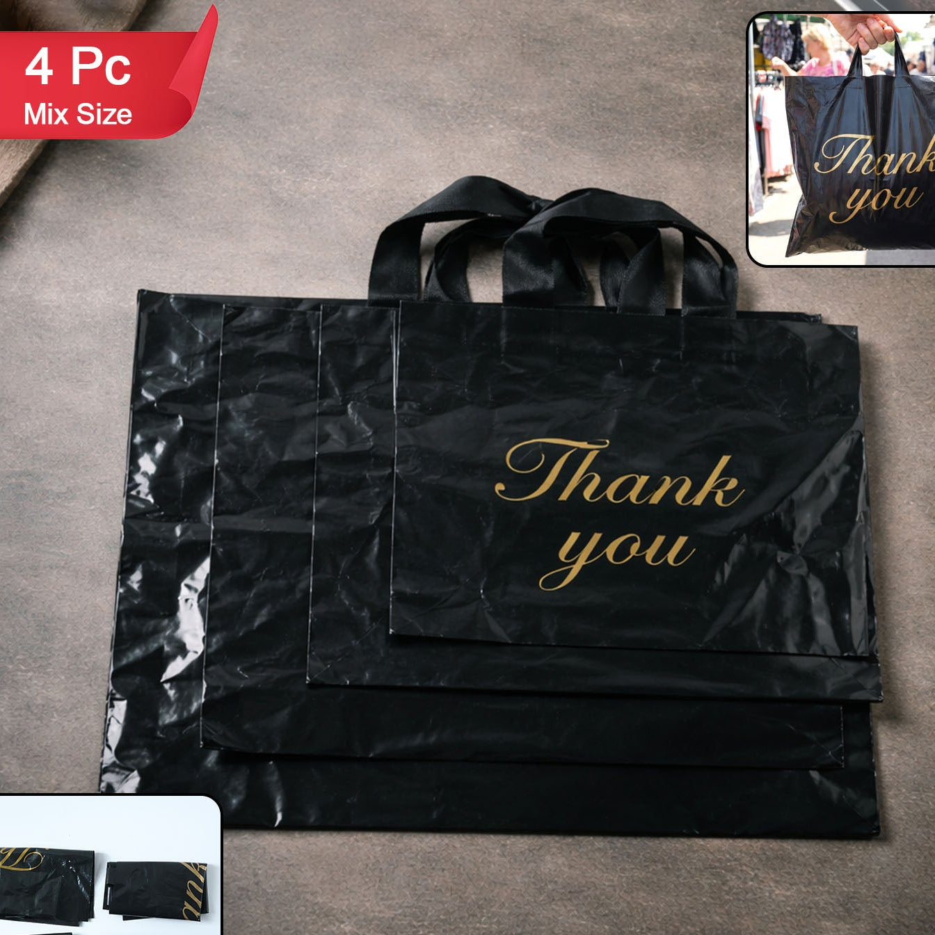 Black Thank You Printed Carry Bags - Set of 4 Mixed Sizes - Happy Price - Image 1