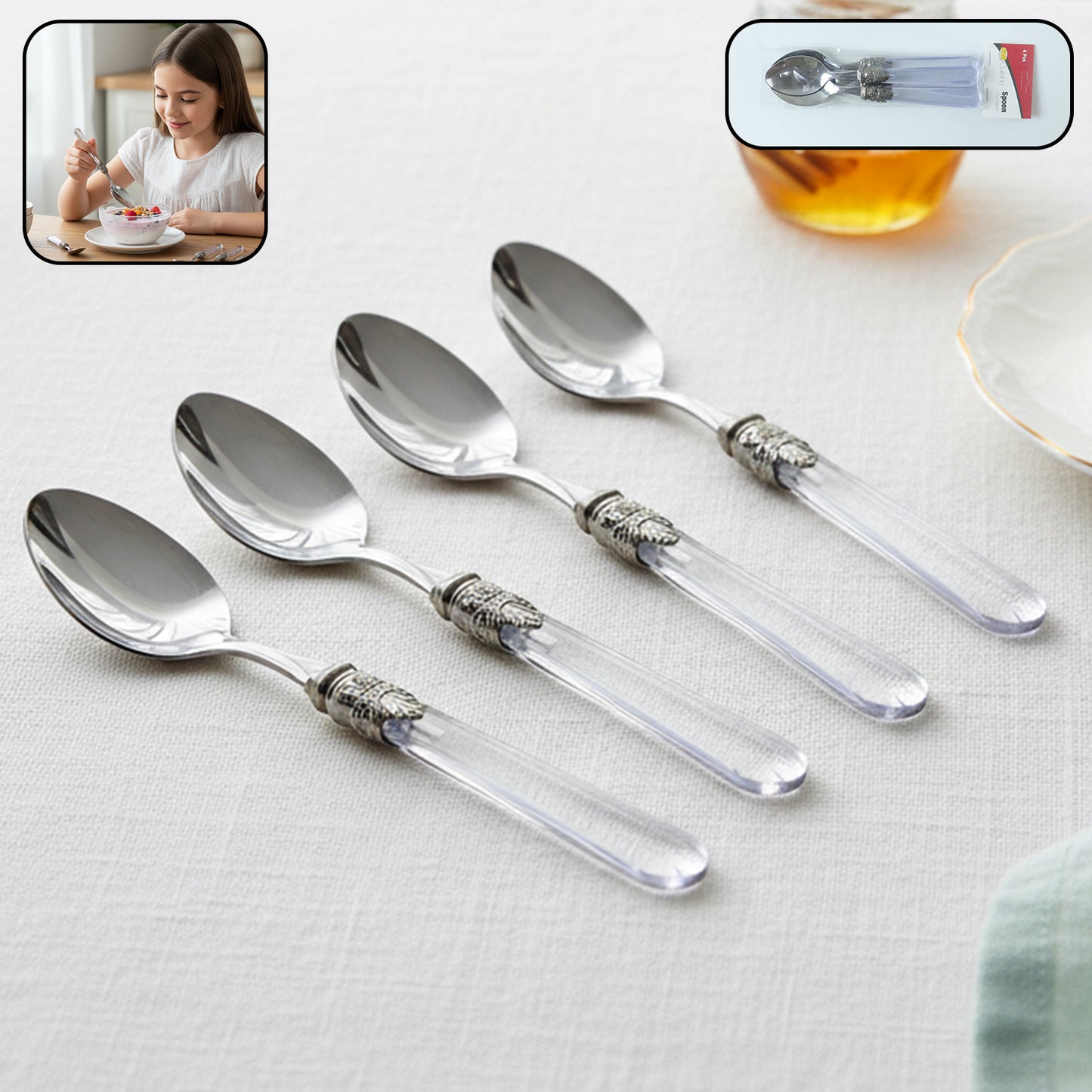 Set of 4 Stainless Steel Dessert Spoons with Designer Transparent Handles - Great Price - Image 1