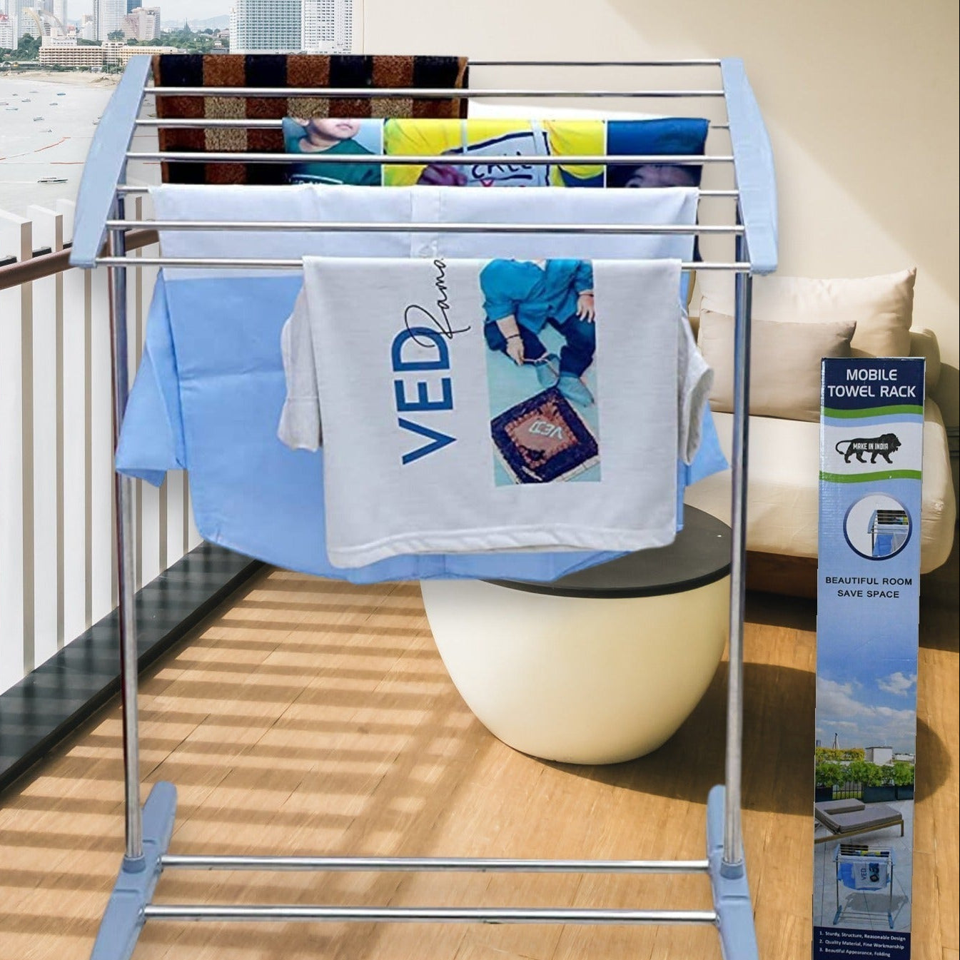 Foldable Stainless Steel & Plastic Mobile Drying Rack for Towels & Clothes - Happy Price - Image 1
