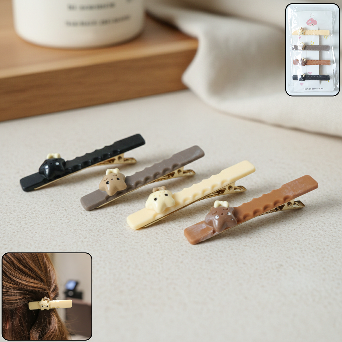 Cute Character Snap Hair Clips for Girls & Women - 4 Pc Set - Happy Price - Image 2