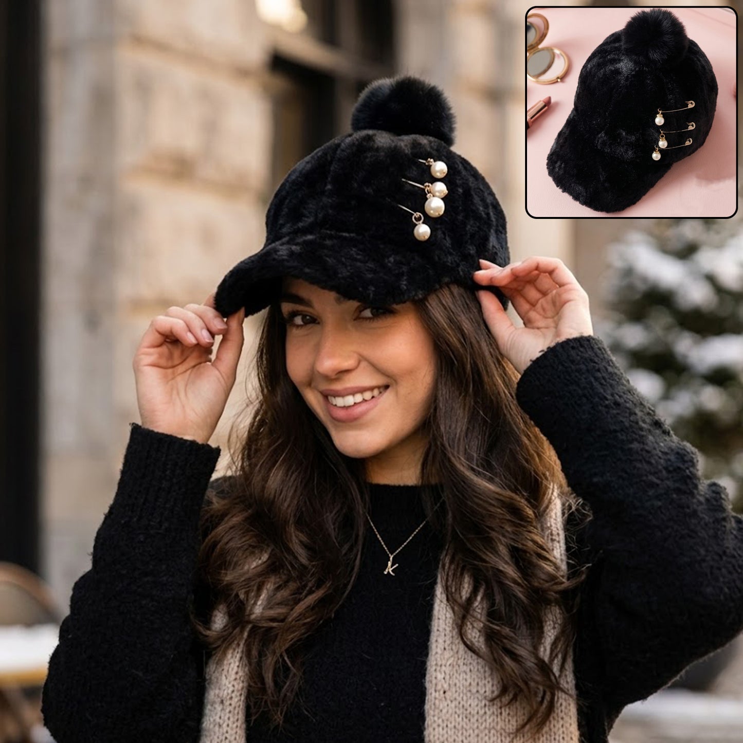 Women's Warm Plush Fur Cap with Pom Pom & Pearl Chain - 1 Pc - Great Price - Image 2