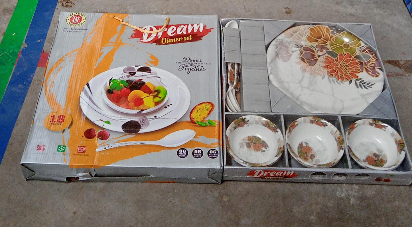 Dream High Quality Plastic Dinning Dinner Set With Unique Flower Design Printed 6 Pc Plates 6 Pc Bowls And 6 Pc Serving Spoon Lightweight Round Plates And Bowls Microwave And Dishwasher Safe (18 Pcs Set) - Happy Price - Image 7
