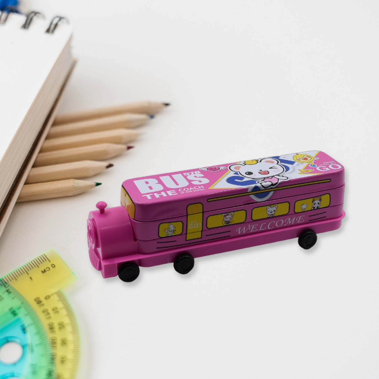 Double Decker Magic Bus Compass 2 Layer Metal Bus Compass Pencil Case With Movable Wheels Sharpener Bus Shape With Tiers Metal Pencil Box For Kids Birthday Party - Happy Price - Image 3