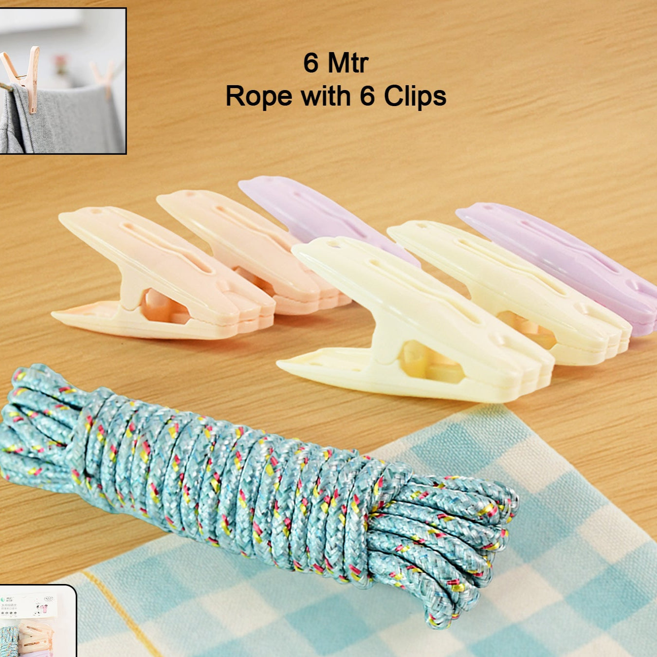 Clothesline Rope With 6 Clips 6 Meter Approx Heavy Duty Laundry Drying Rope With Clip - Happy Price - Image 1
