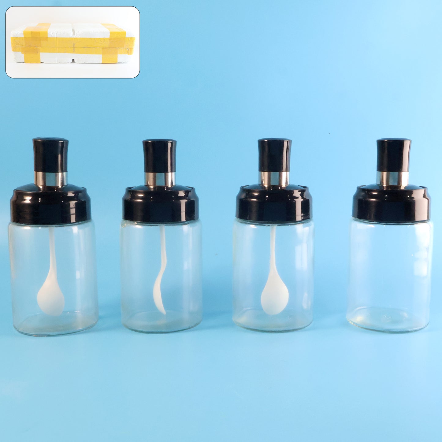 4 Pc Transparent Glass Spice Jar Set with Spoon & Airtight Lid - Happy Price - Image 2