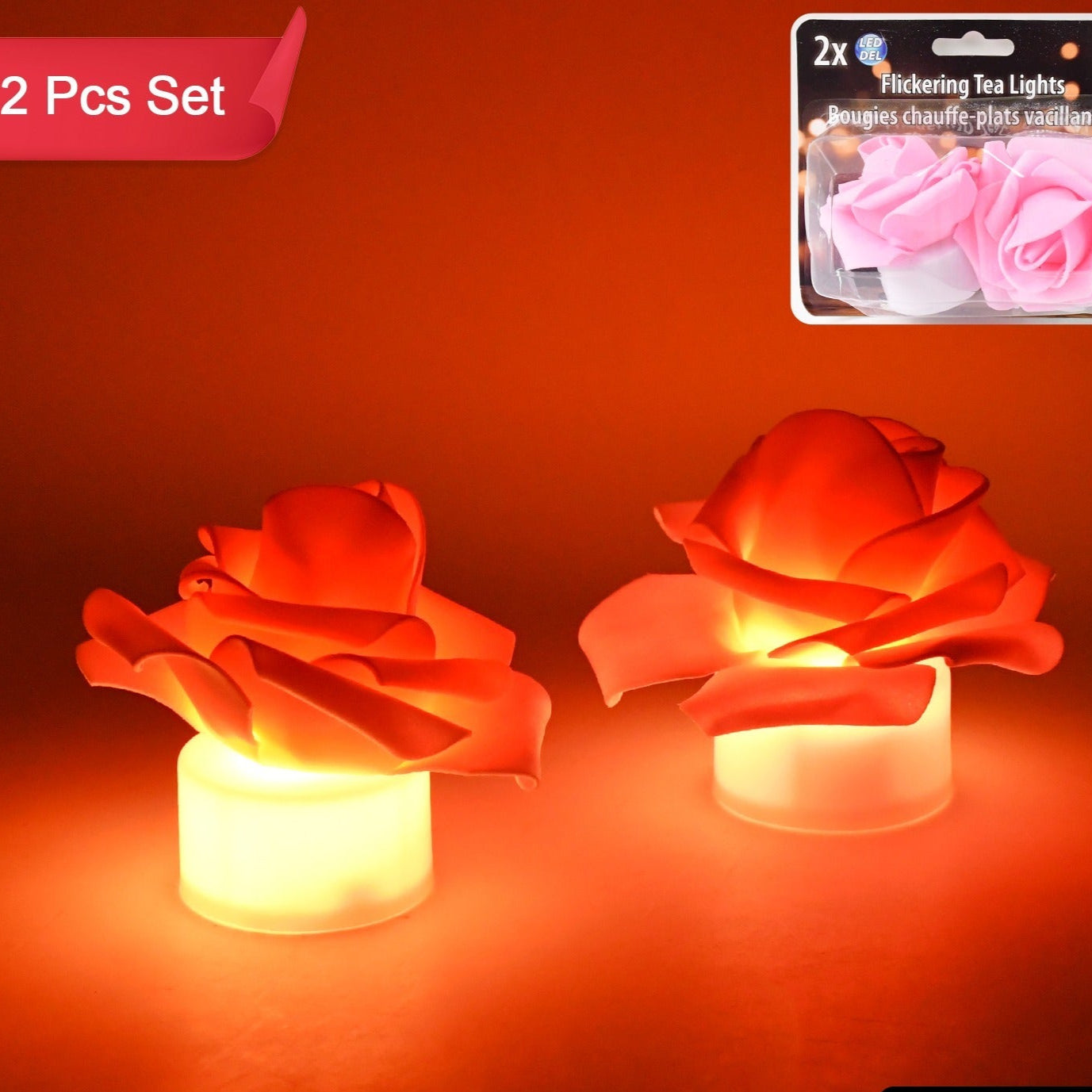 Rose Flower LED Tealight Candles - Set of 2 Flickering Flameless Lights - Happy Price - Image 1
