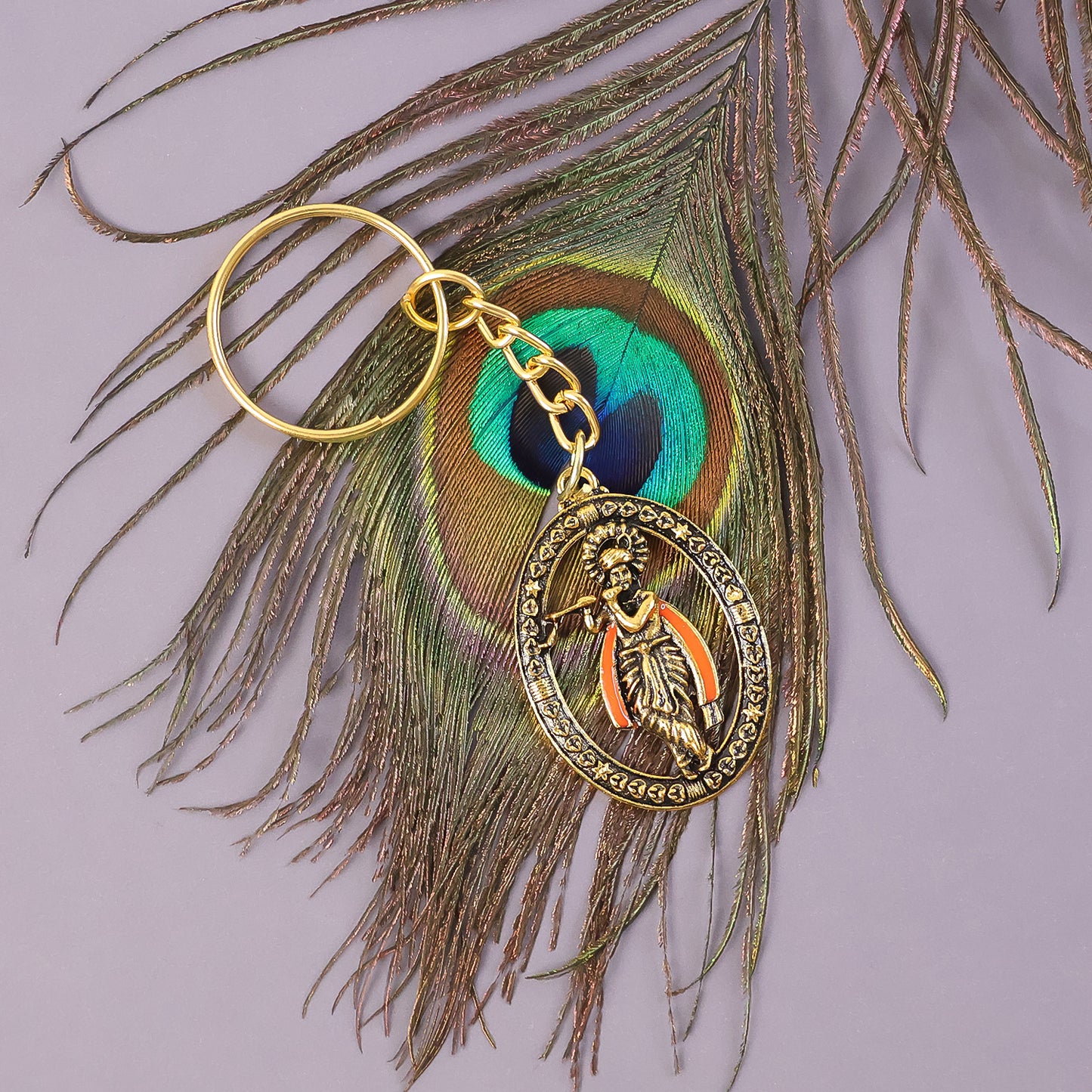 Lord Krishna Metal Keychain - Antique Finish Decorative Religious Key Ring (1 Pc) - Happy Price - Image 4