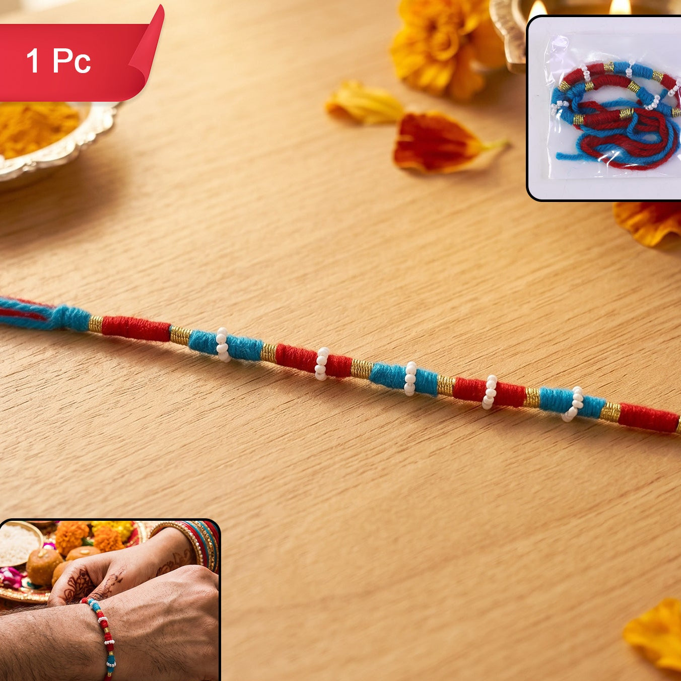 Handmade Rakhi Bracelet - Blue & Red Thread with Golden Beads (1 Pc) - Happy Price - Image 1