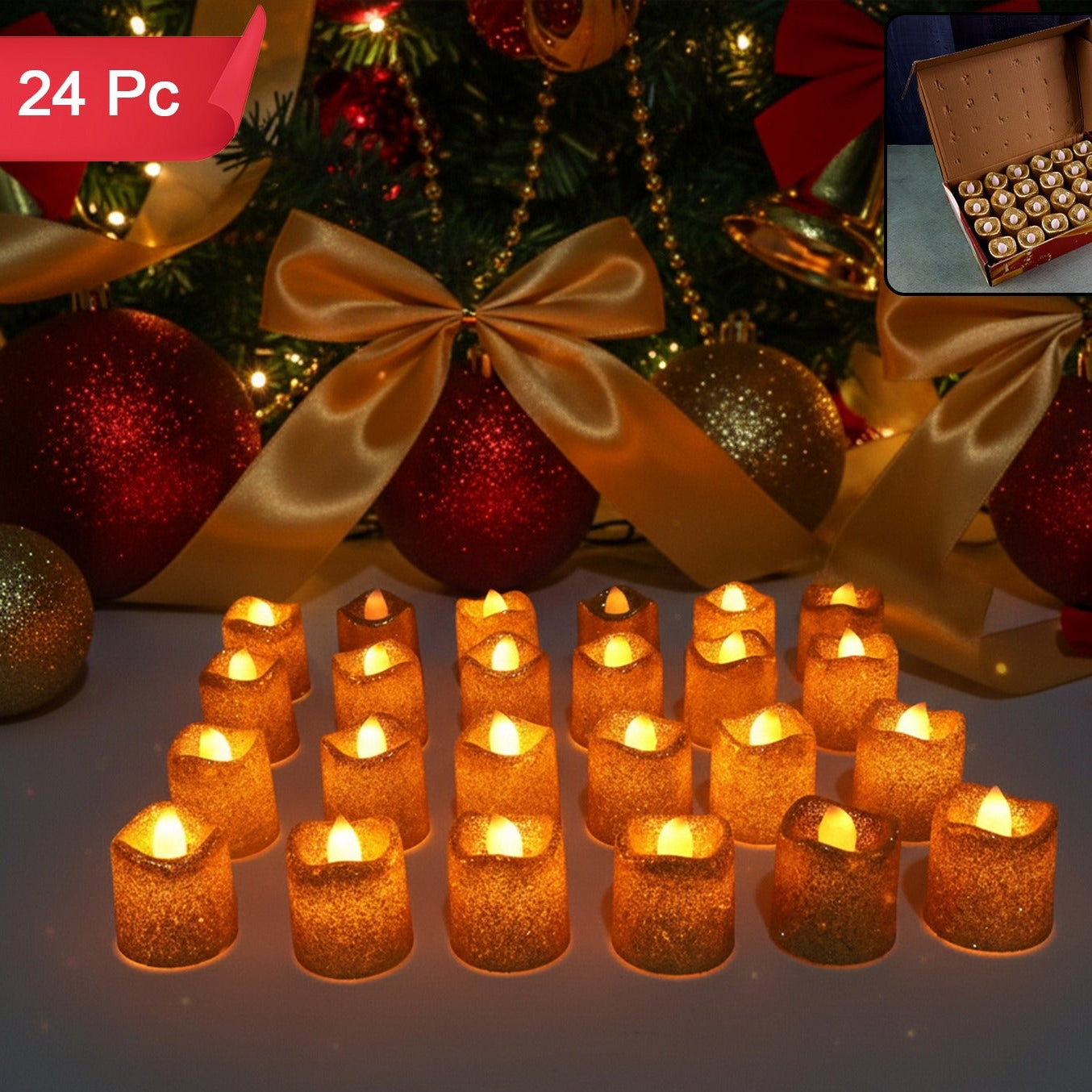 Happyprice Glitter LED Tealight Candles - 24 Pc Set, Flameless Decorative Lights for Festivals & Home - Happy Price - Image 1