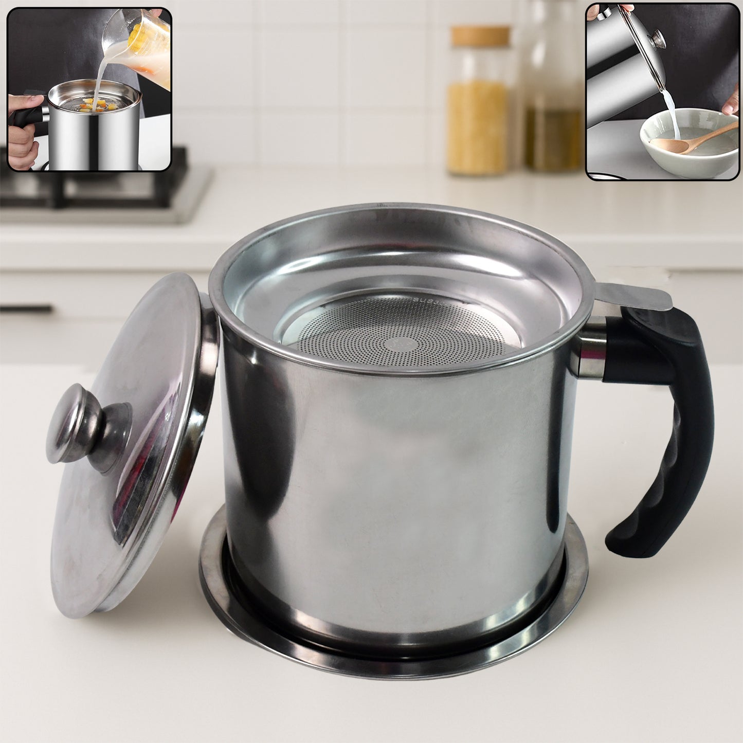 Stainless Steel Oil Strainer Pot With Lid And Filter Mesh (1 Set) - Happy Price - Image 3