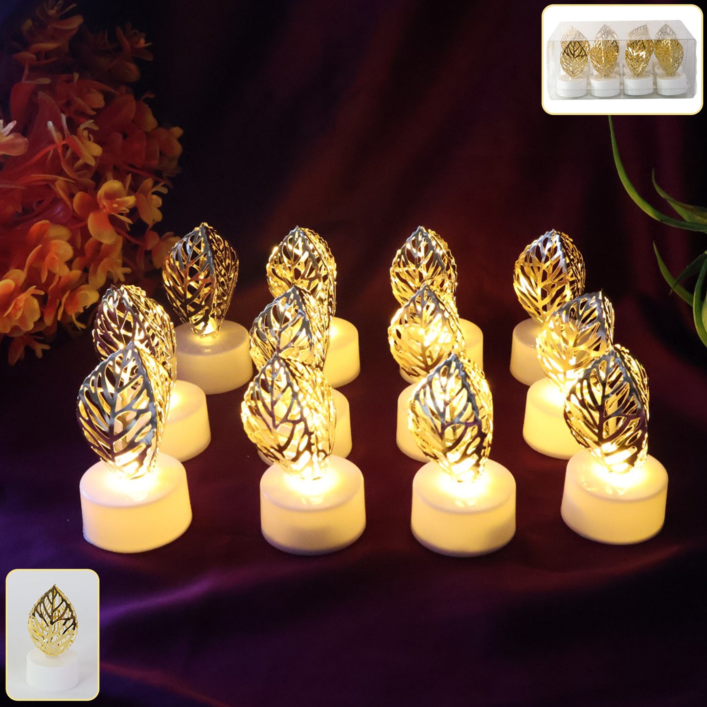Decorative Golden Leaf Flameless LED Candles - Set of 12 - Happy Price - Image 3