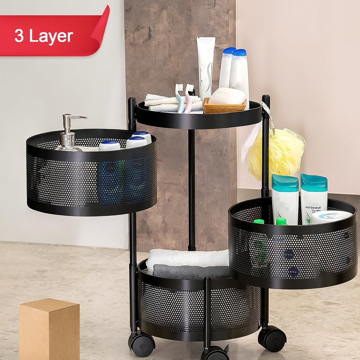 Metal Round High Quality Kitchen Trolley With Wheels (3 Layer 1 Pc) - Happy Price - Image 1