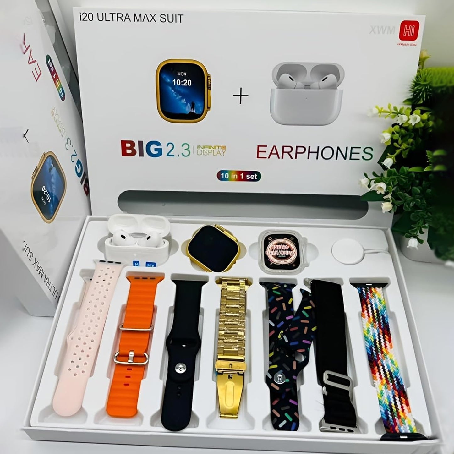 10 In1 Set Ultra Smart Bluetooth Calling Smartwatch + Earphones With Transparent Screen Guard Watch With Seven Classic Straps (Mix Color) - Happy Price - Image 2