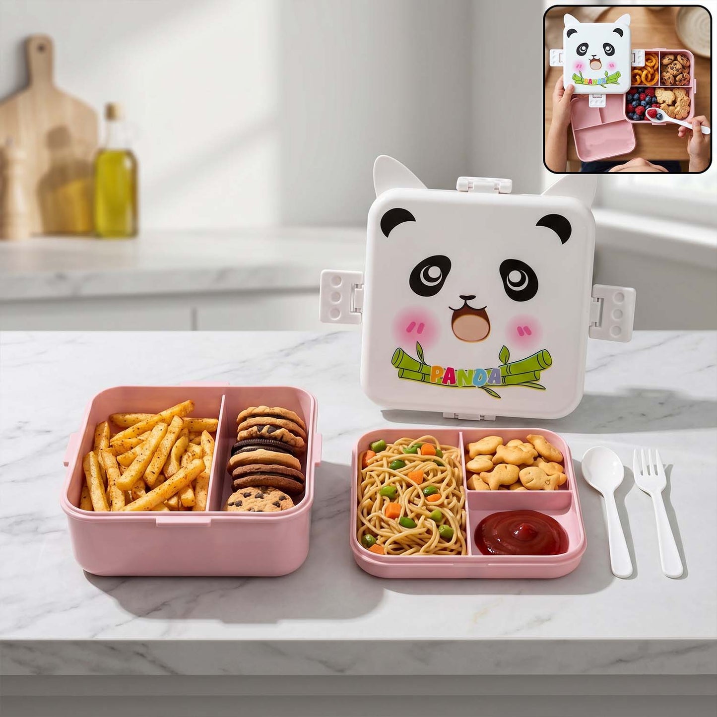Cute Panda Kids Lunch Box with Compartments & Cutlery Set - 1 Set - Great Price - Image 2