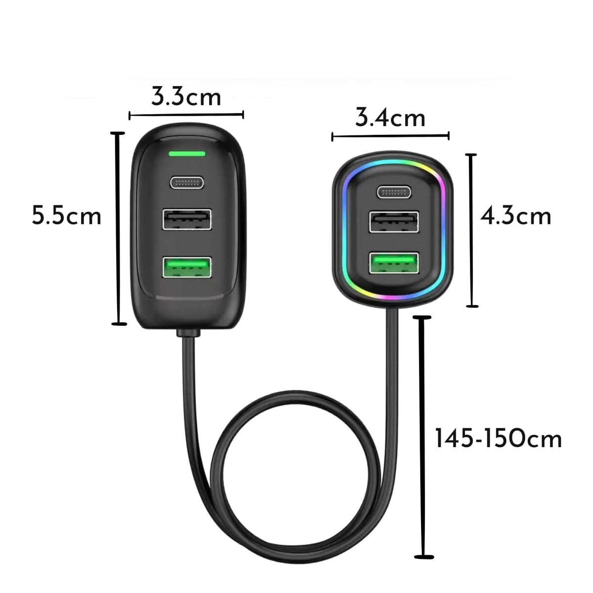 Multi-Port Car Charger with Type-C & RGB Light, 1.5m Extension Cable - Great Price - Image 5