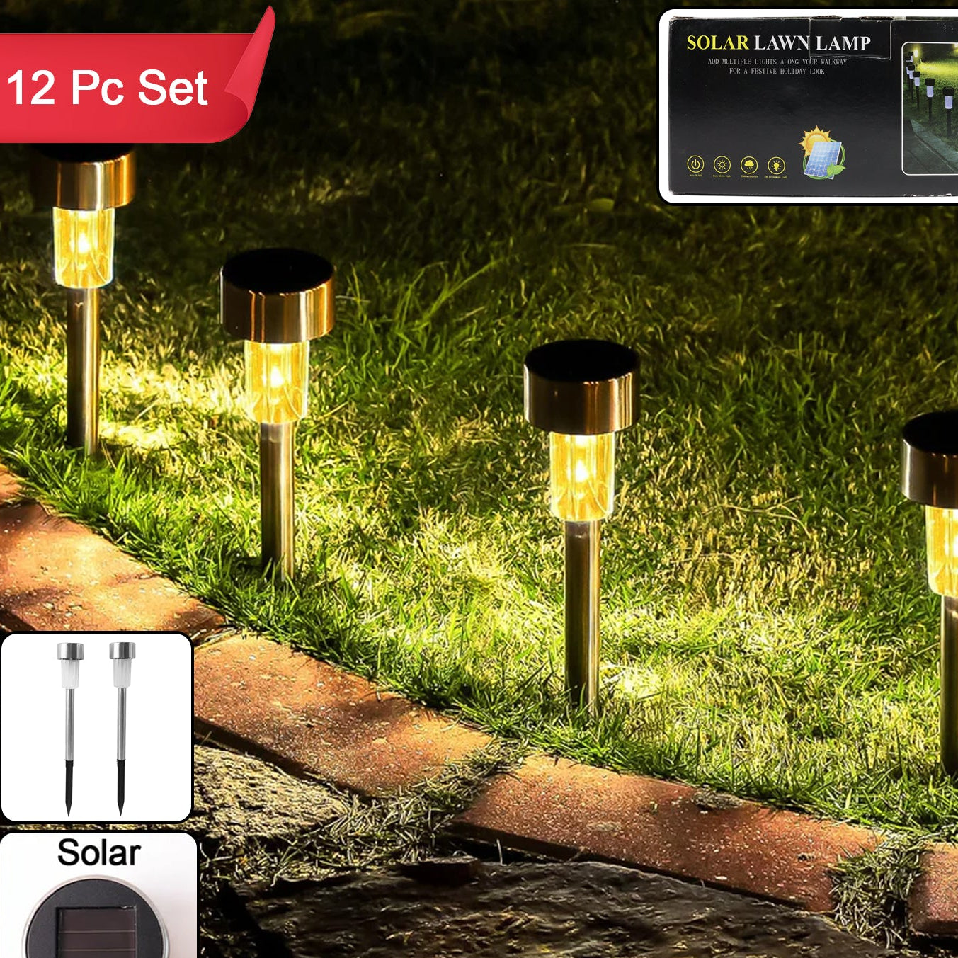 12 Pc Solar Garden Lights Set - Stainless Steel Outdoor Pathway Lamps - Happy Price - Image 1
