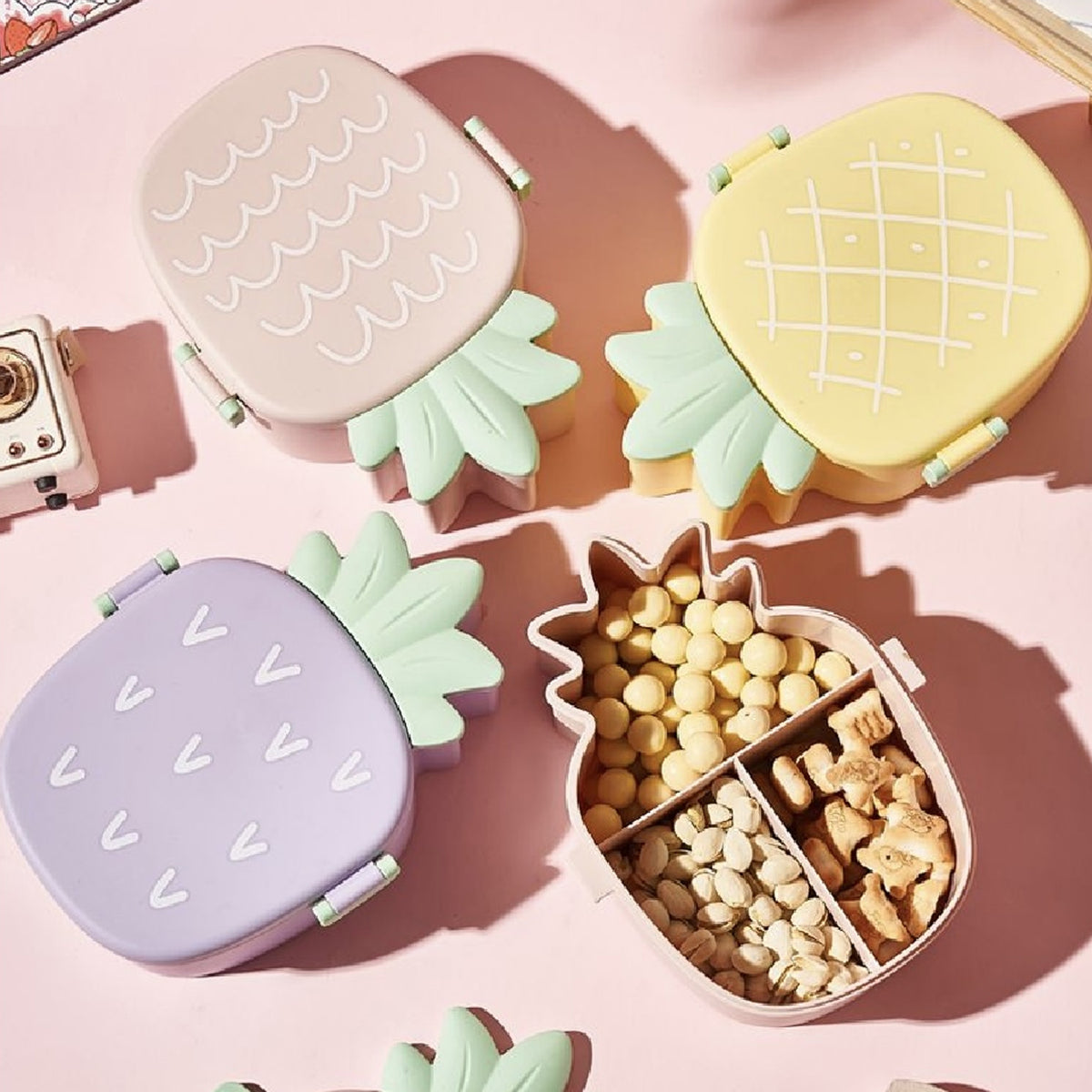 Kids Lunch Box Cute Pineapple Shaped Bento Box With Fork Spoon Snack Candy Container Microwave Portable Office Lunch Box (1 Pc With Spoon Fork Color Box) - Happy Price - Image 3