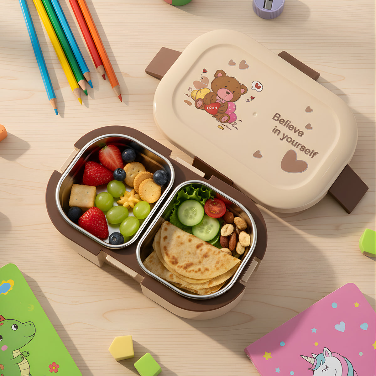 Teddy Print Kids Lunch Box - 500ml Tiffin with 2 Stainless Steel Containers - Happy Price - Image 7