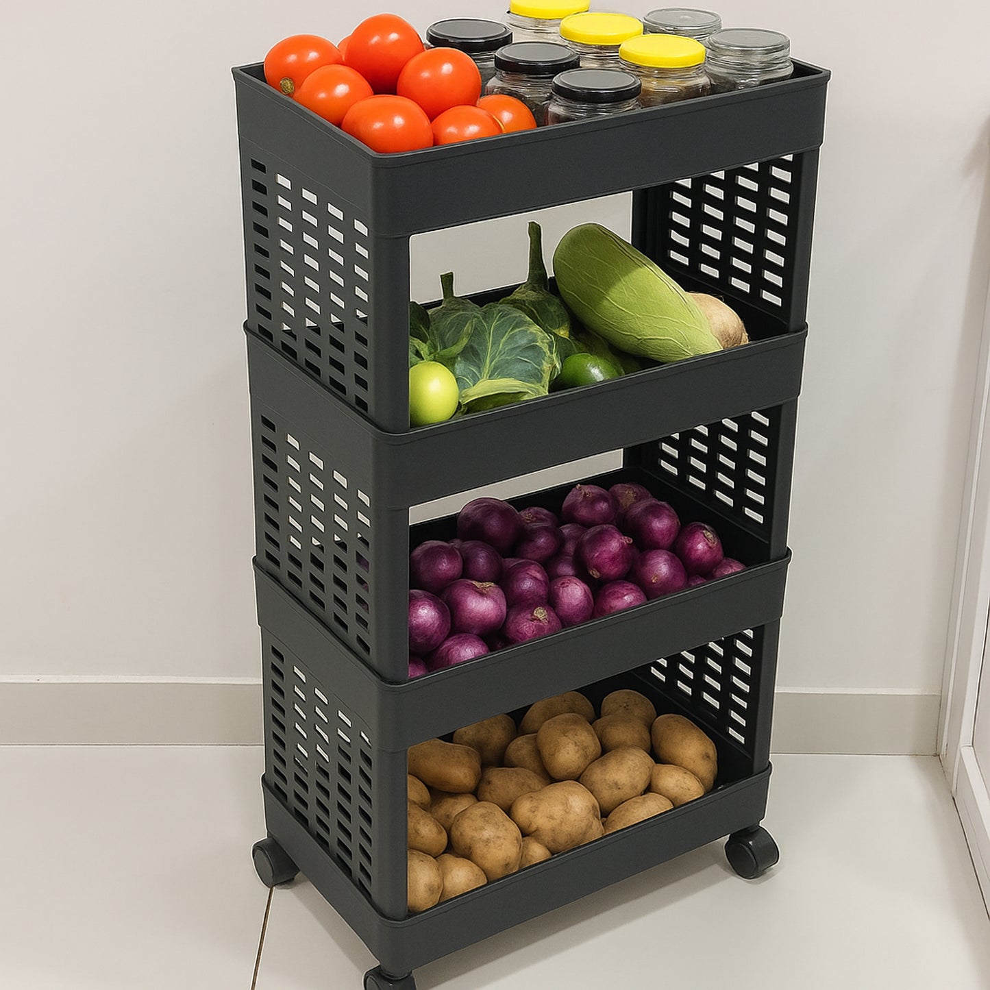 4-Tier Movable Plastic Storage Trolley with Wheels - Happy Price - Image 4