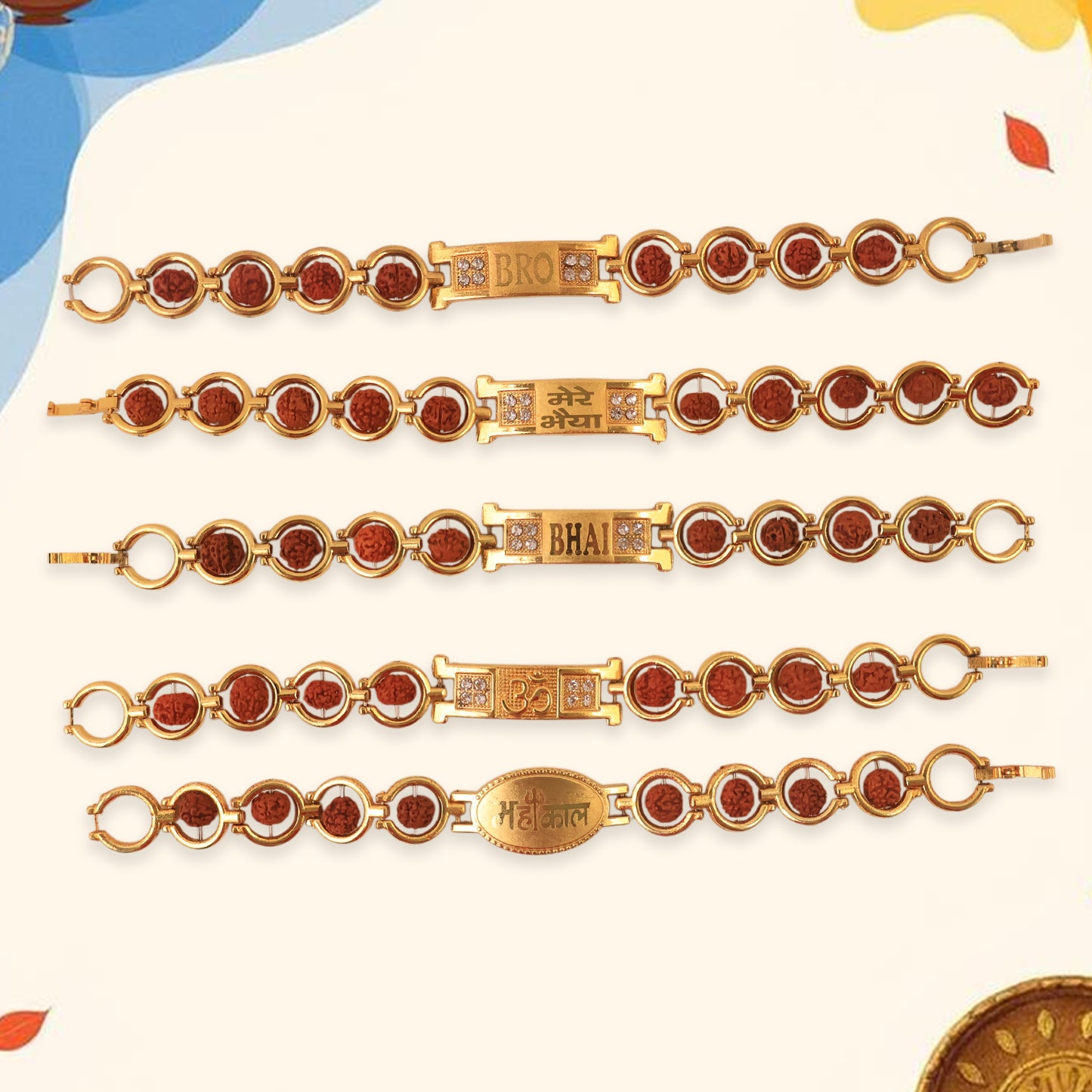 Gold Plated Designer Circular Bead Bracelet Rakhi For Brother (Mix Design 1 Pc) - Happy Price - Image 6
