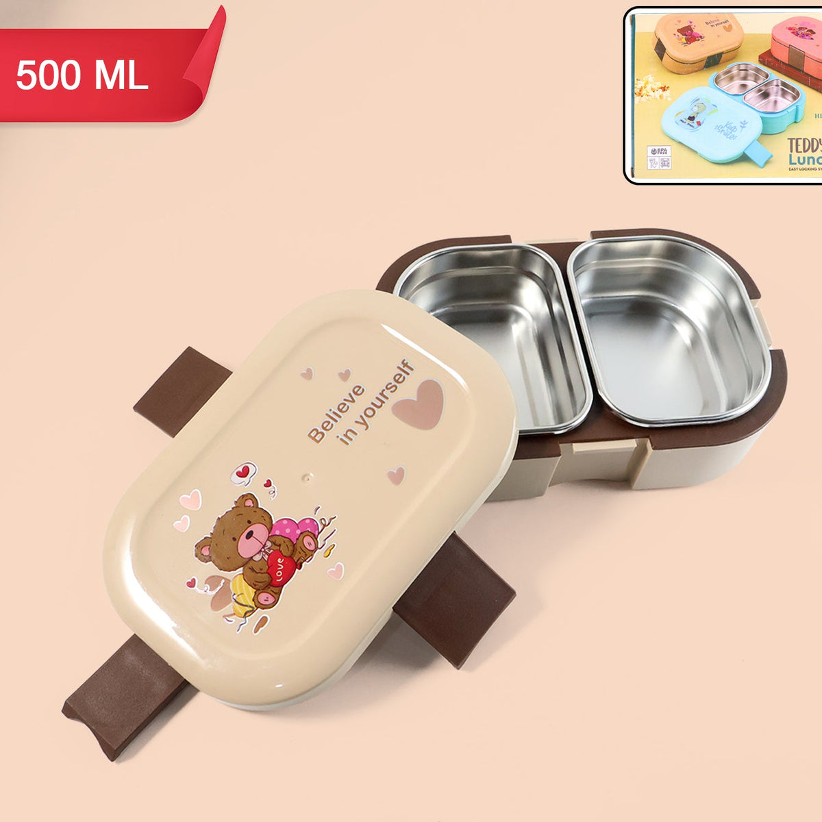 Teddy Print Kids Lunch Box - 500ml Tiffin with 2 Stainless Steel Containers - Happy Price - Image 1