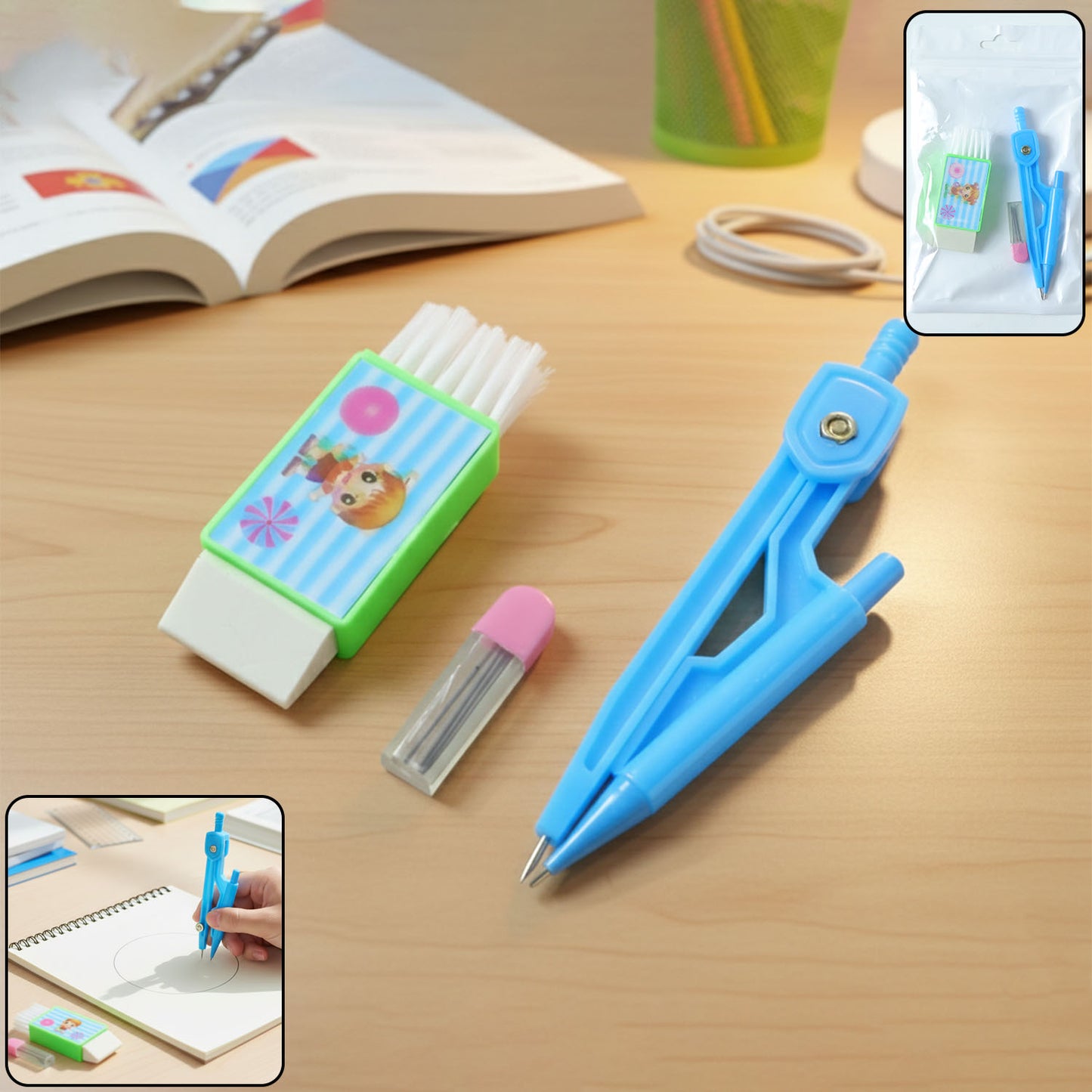 Kids Plastic Geometry Compass Set with Eraser & Lead Refills - 1 Set - Happy Price - Image 2
