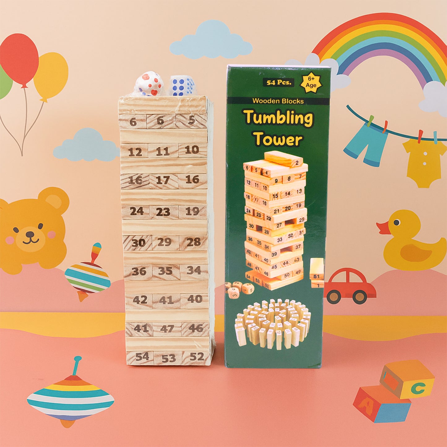 54 Pcs Wooden Tumbling Tower Game - Numbered Blocks & Dice for Family Fun - Happy Price - Image 3