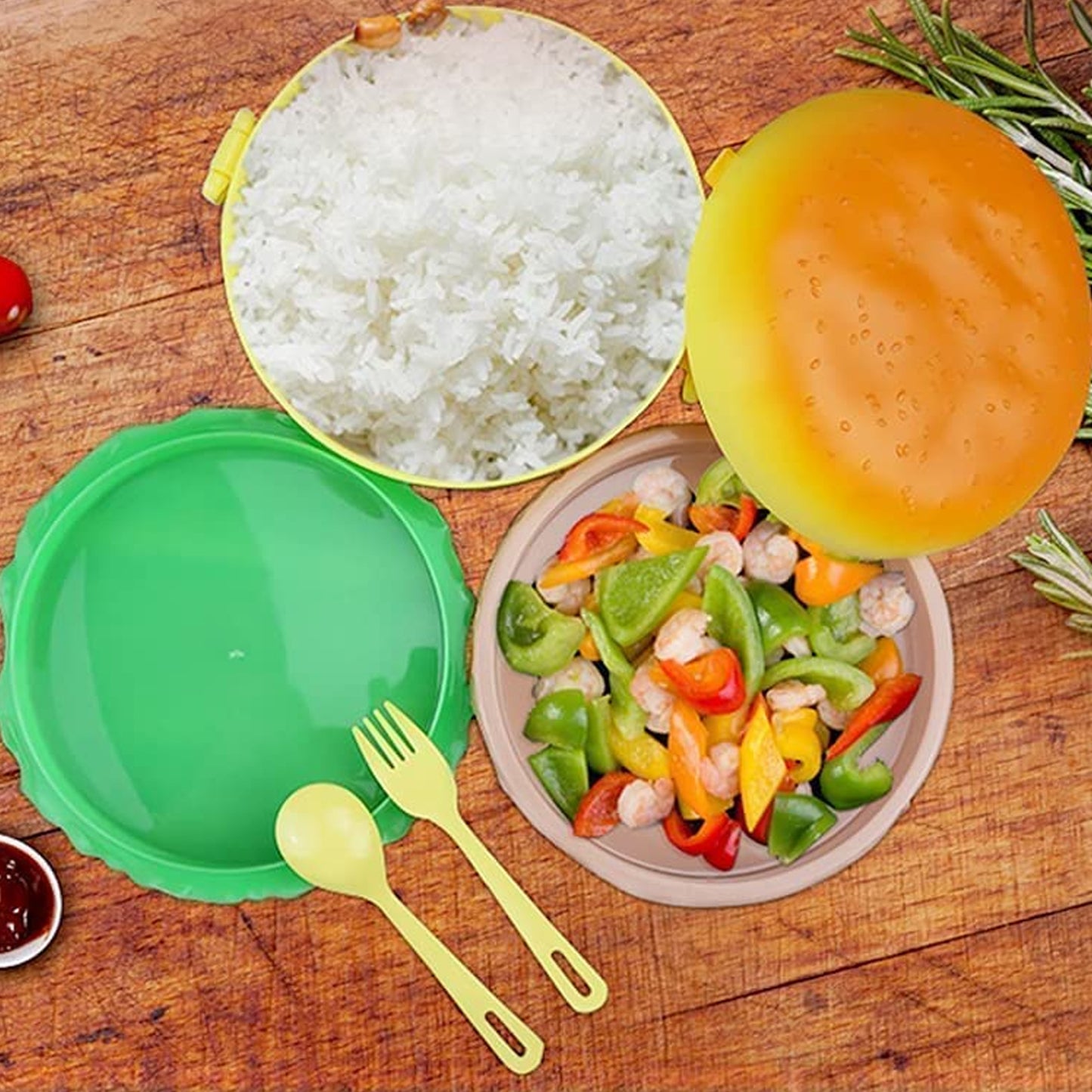 Burger Shape Lunch Box Plastic Lunch Box Food Container Sets Double Layer Lunchbox 1000ml With 2 Spoon Applicable To Kids And Elementary School Students - Happy Price - Image 6