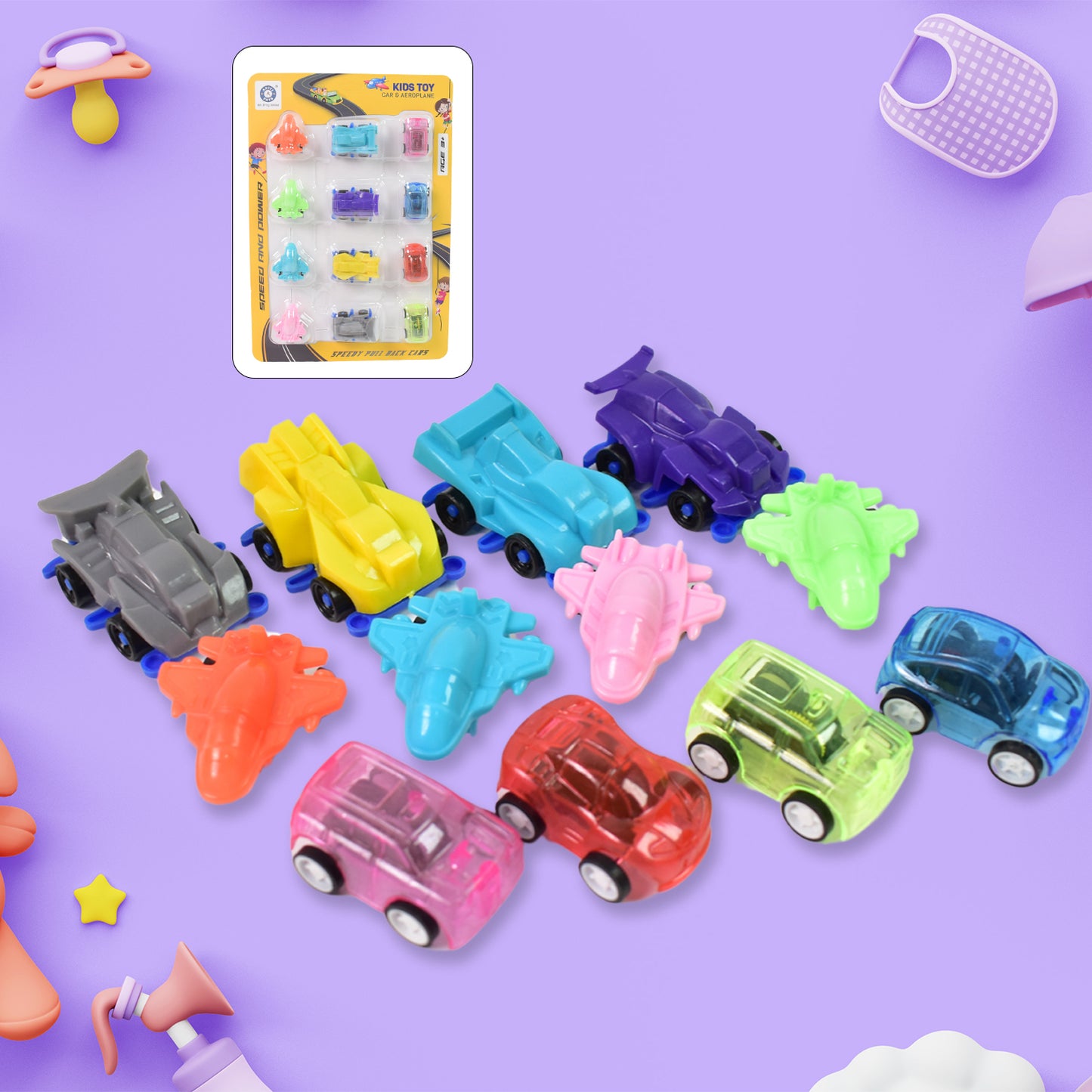 Mini Pull Back Car Aeroplane Plastic Pull Back Car Cartoon Toys (12 Pcs Set) - Happy Price - Image 6