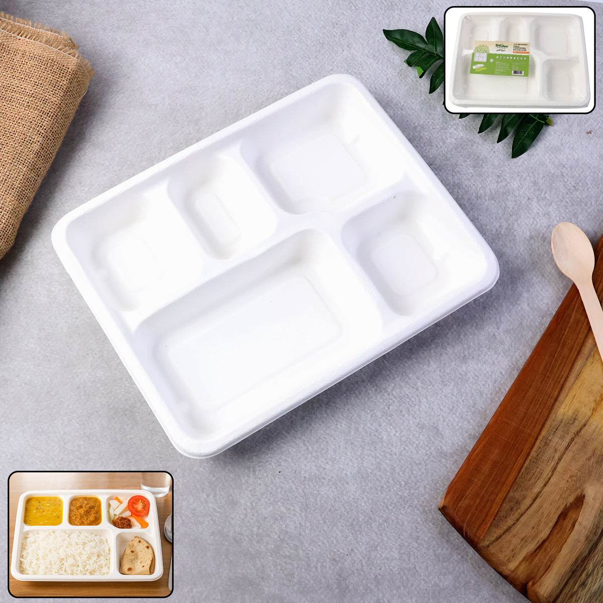 5-Compartment Bagasse Plates - 10 Pcs Pack | Eco-Friendly & Compostable Meal Trays - Happy Price - Image 2