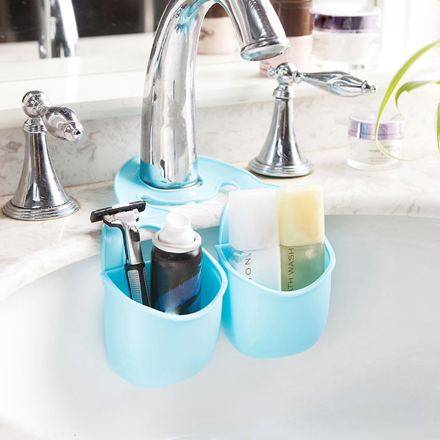 Double Compartment Sink Hanging Organizer - Plastic Faucet Caddy for Kitchen & Bathroom (1 Pc) - Happy Price - Image 3