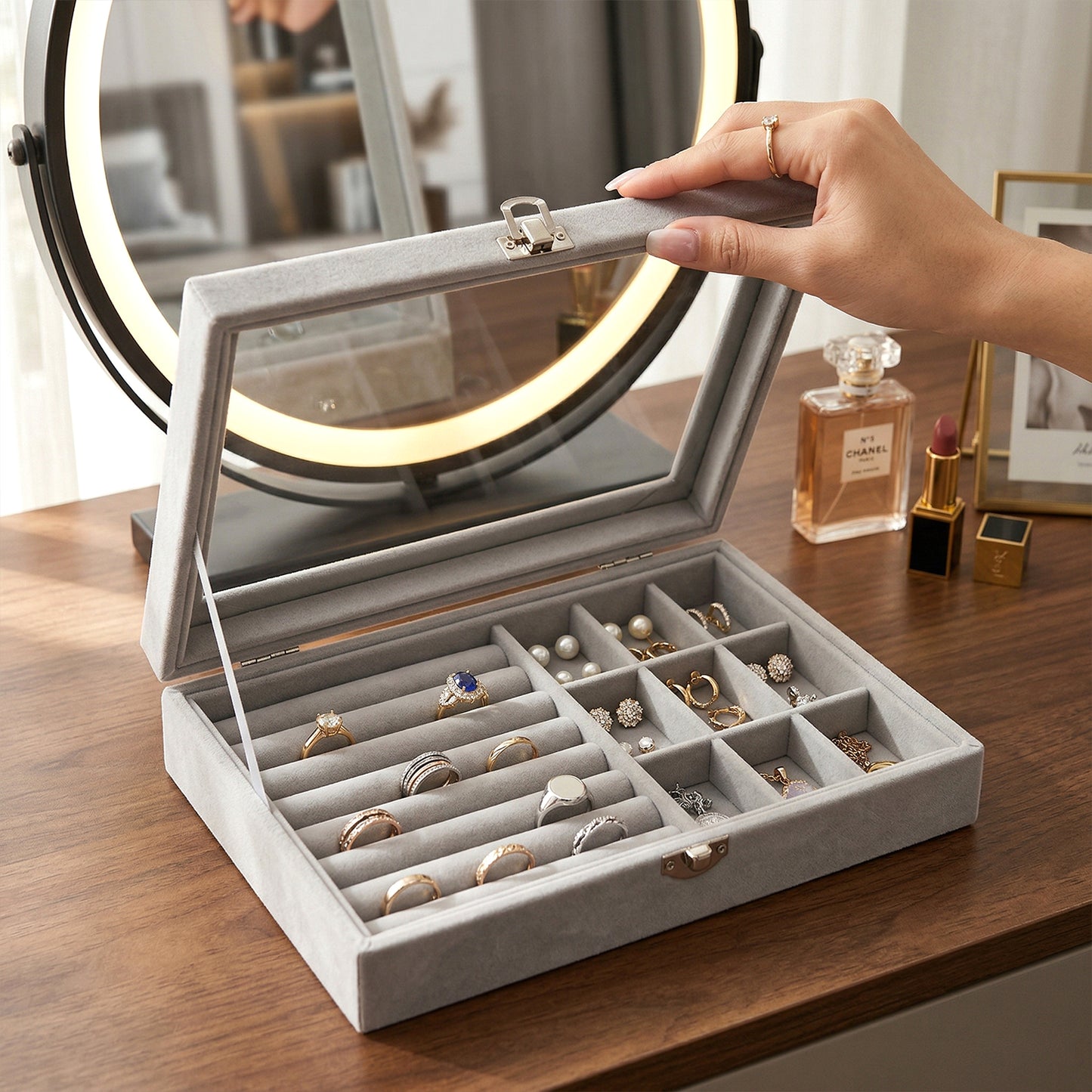 Velvet Jewellery Organizer Box with Clear Lid - 1 Pc - Great Price - Image 3
