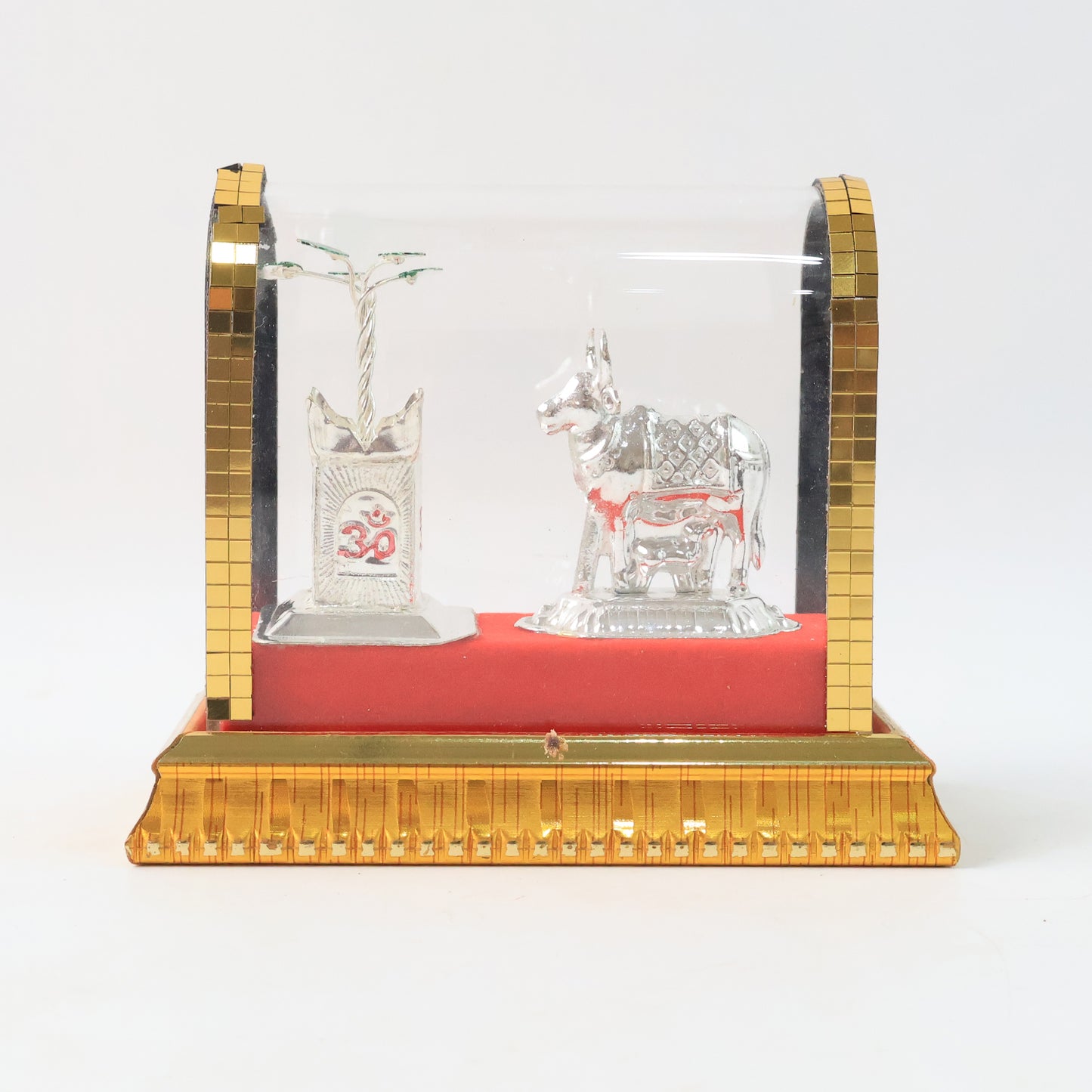 Silver-Plated Kamdhenu Cow with Calf and Tulsi Idol Set in Acrylic Case - Happy Price - Image 2